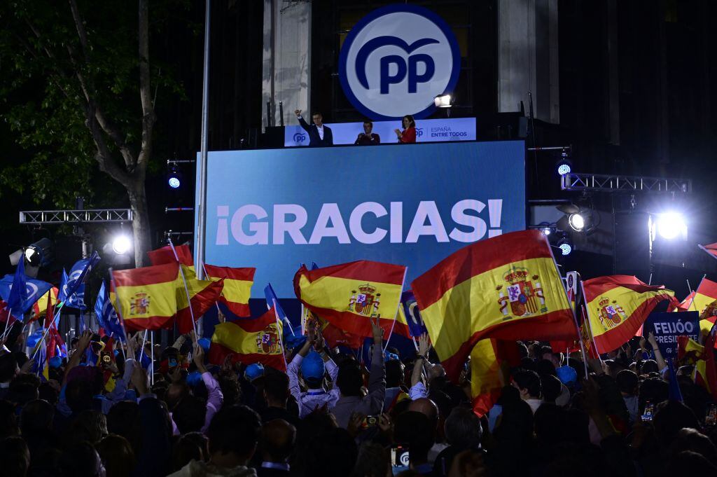 Popular Party (PP) supporters wave flags as they gather to celebrate the polls result outside the party headquarters in Madrid on May 28, 2023 after the local and regional elections held in Spain. Spain's right-wing opposition posted strong gains both locally and regionally following today's polls in a clear setback for Socialist Prime Minister, initial results and media reports said.  At a local level, the main opposition Popular Party secured the largest number of votes with 90 percent of the ballots counted, while the Socialists lost several regions they held, notably Valencia, media reports said. (Photo by JAVIER SORIANO / AFP) (Photo by JAVIER SORIANO/AFP via Getty Images)