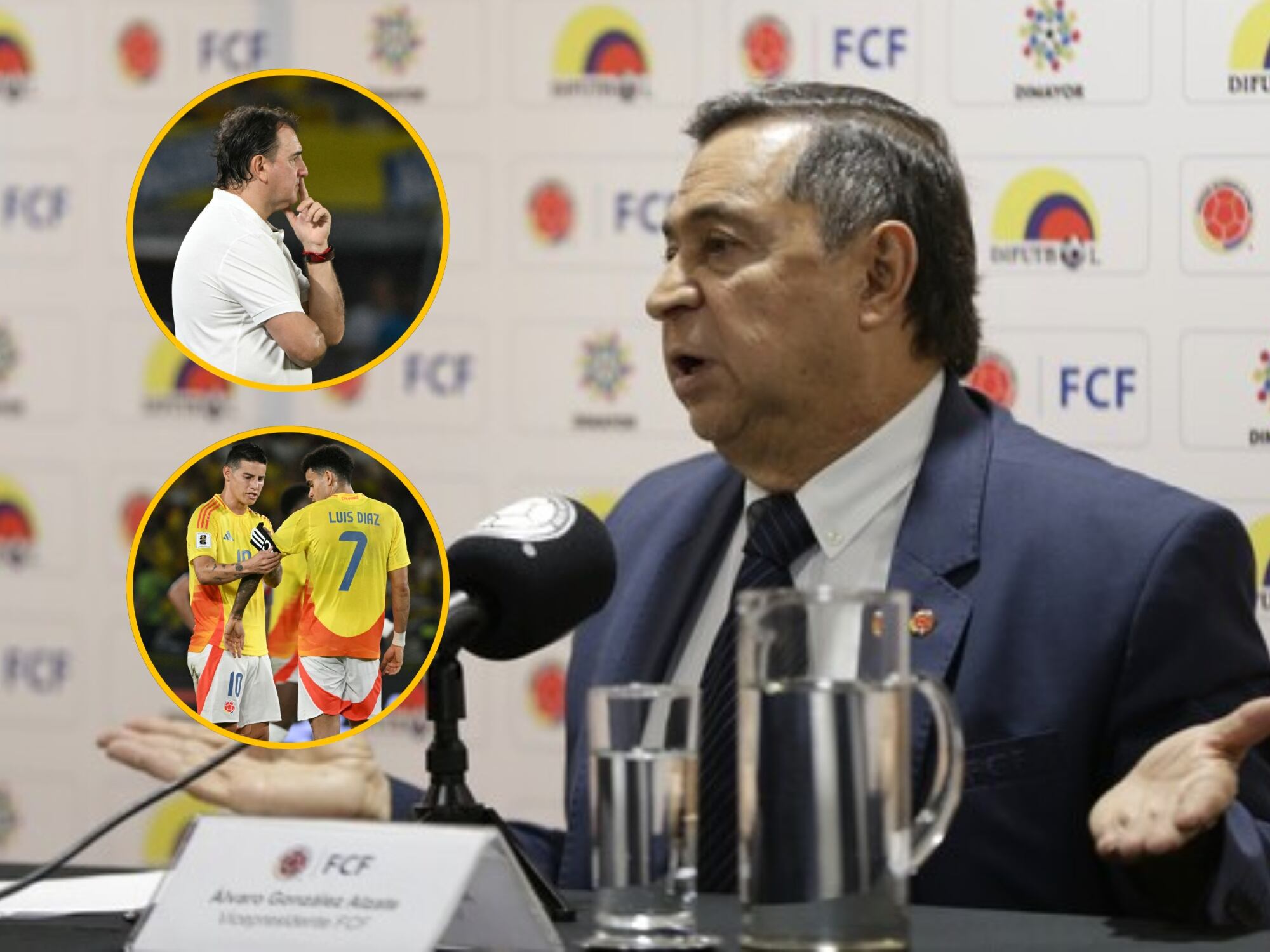 Álvaro Gómez Alzate, jugadores de la Selección Colombia y Néstor Lorenzo. Fotos: Colprensa y Getty Images.