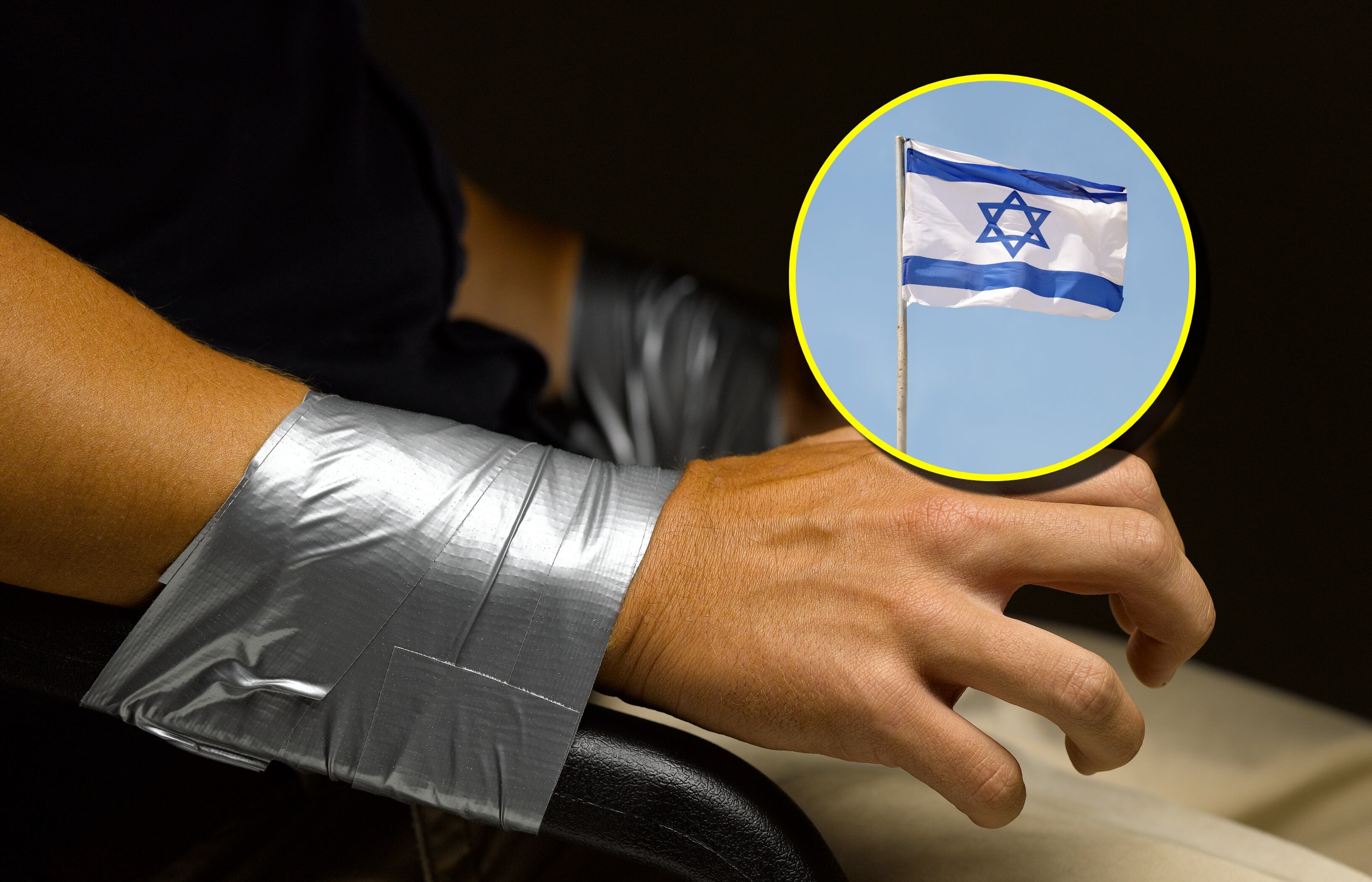 Referencia de rehenes y bandera de Israel. Foto: Jeffrey Coolidge y Nick Brundle Photography vía Getty Images. 