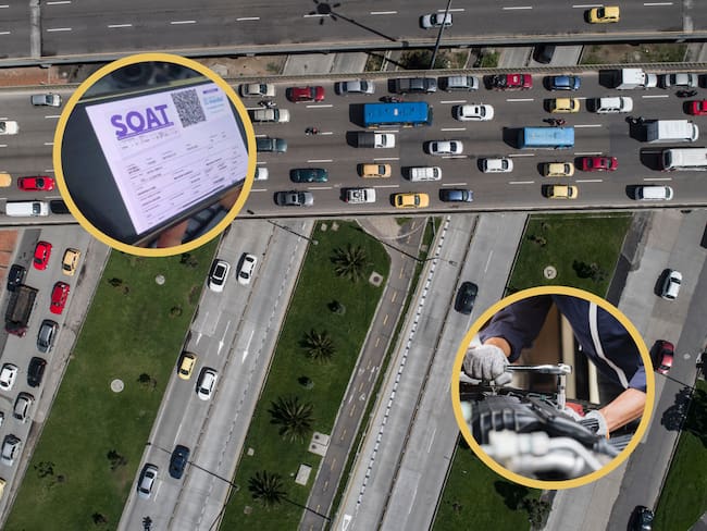 Vista aérea de vehículos transitando en Bogotá. En los círculos, un mecánico arreglando un carro y la imagen del SOAT (GettyImages / Colprensa)