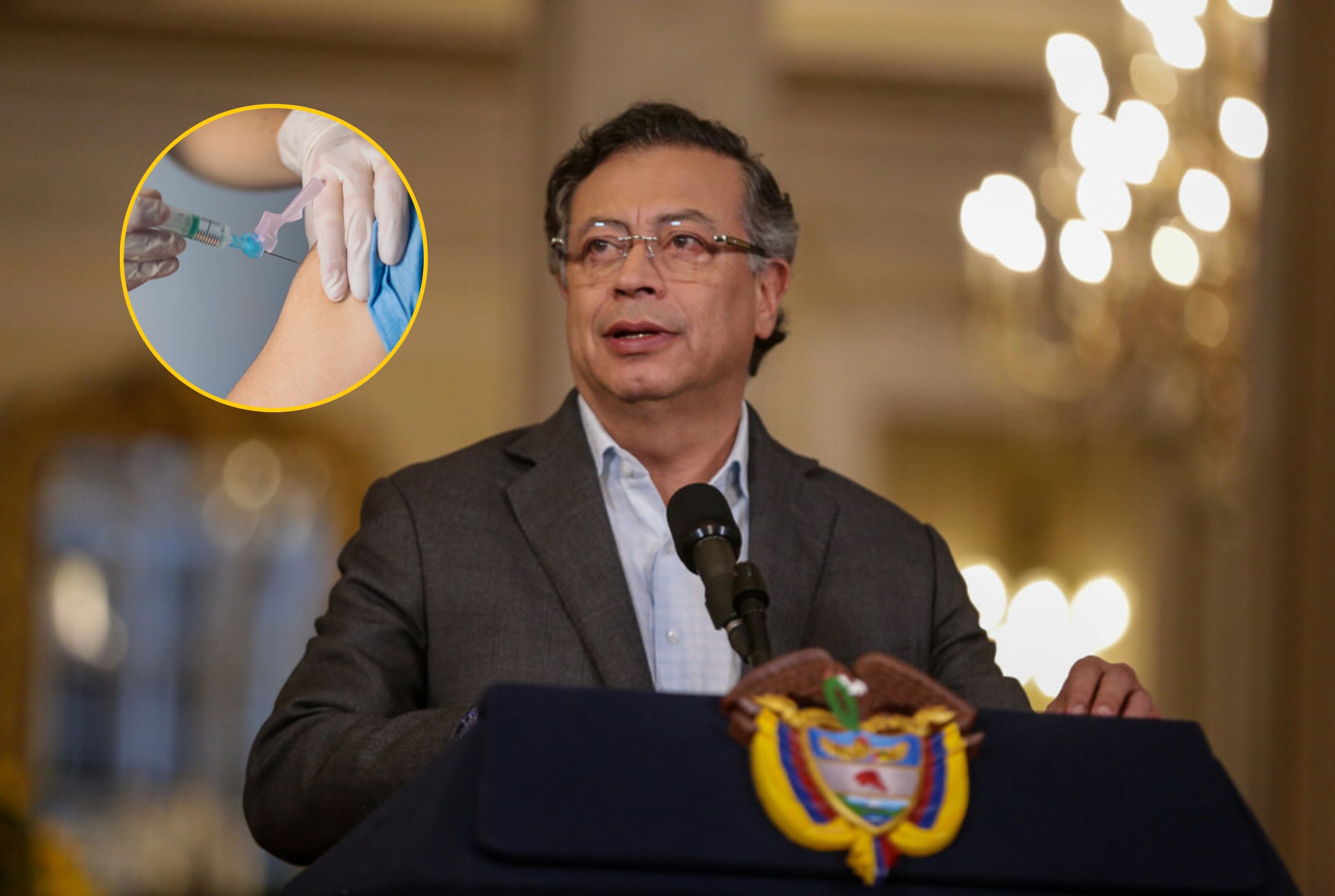 Presidente Gustavo Petro y vacunas. Fotos: Colprensa - Catalina Olaya / Pedro Merino Higueras via Getty Images