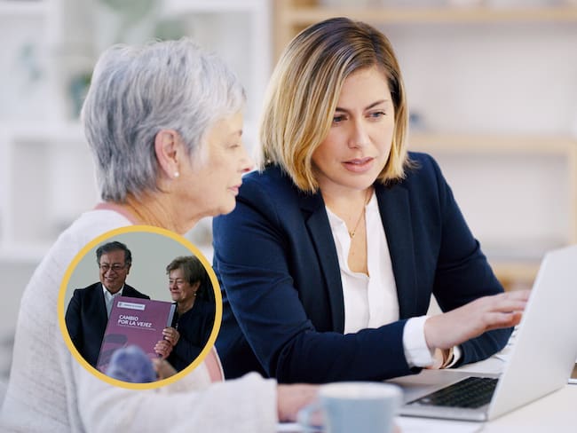 Mujer recibiendo asesoría sobre su pensión. En el círculo, la imagen del presidente Gustavo Petro y la ministra del Trabajo, Gloria Inés Ramírez, con el texto de la Reforma Pensional (Fotos vía GettyImages y Ministerio del Trabajo)
