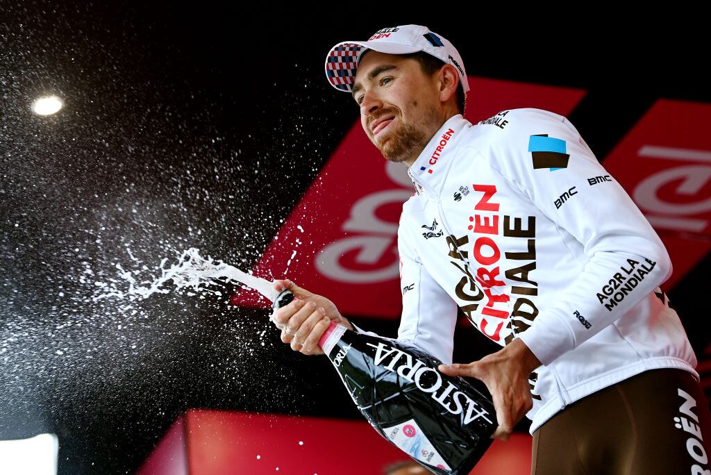 LAGO LACENO-BAGNOLI IRPINO, ITALY - MAY 09: Aurélien Paret-Peintre of France and AG2R Citroën Team celebrates at podium as stage winner during the 106th Giro d'Italia 2023, Stage 4 a 175km stage from Venosa to Lago Laceno 1059m - Bagnoli Irpino / #UCIWT / on May 09, 2023 in Bagnoli Irpino, Italy. (Photo by Tim de Waele/Getty Images)