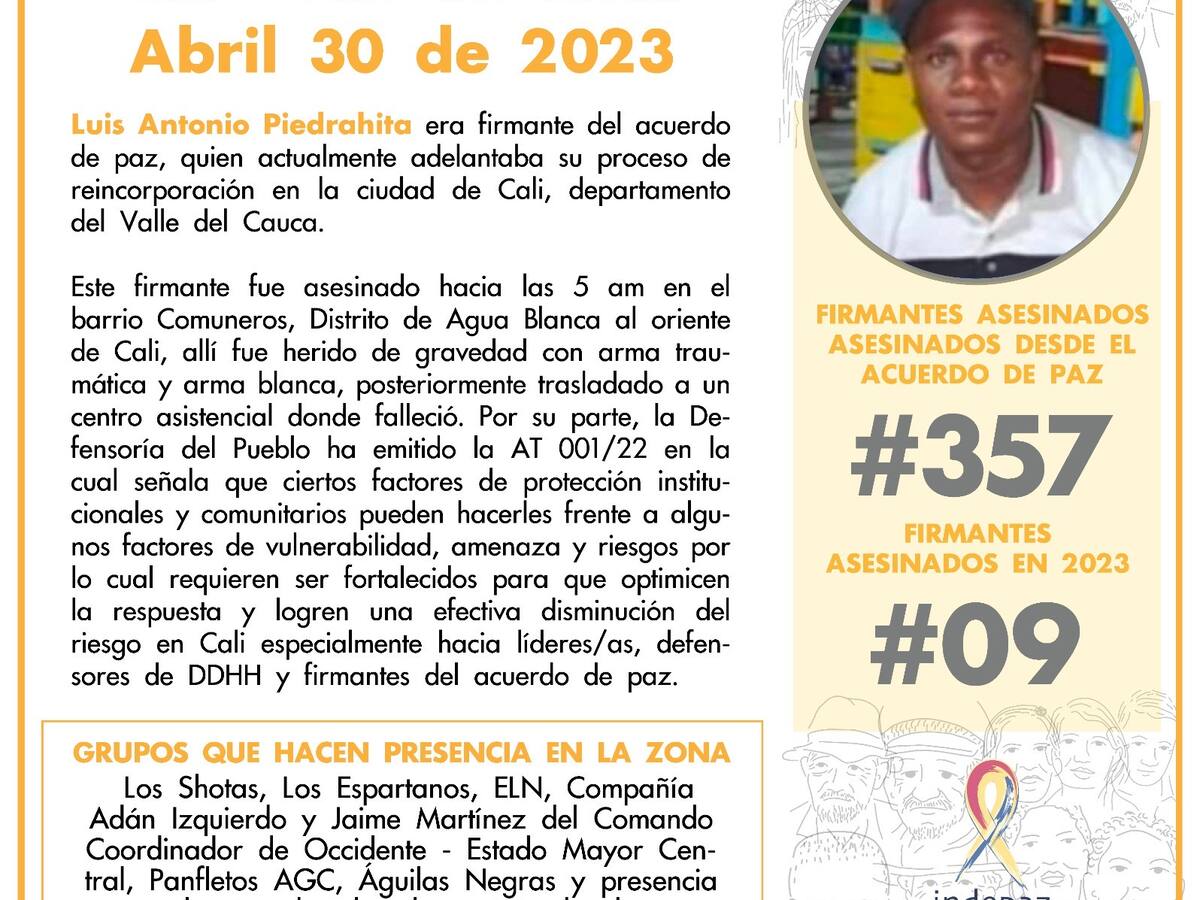 Luis Antonio Piedrahita, firmante del acuerdo de paz, fue asesinado en Cali
