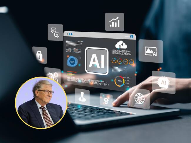 De fondo, una persona utilizando la inteligencia artificial (IA) para desempeñar sus labores. En el círculo, la imagen de Bill Gates en Bruselas durante una ceremonia de recaudación de fondos / Fotos: GettyImages