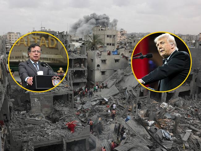 Rescatistas palestinos tras bombardeos isrealís. FOTO: OMAR AL-QATTAA/AFP via Getty Images. Gustavo Petro. FOTO: RAUL ARBOLEDA/AFP. Donald Trump. FOTO: SAUL LOEB/AFP/ Getty Images