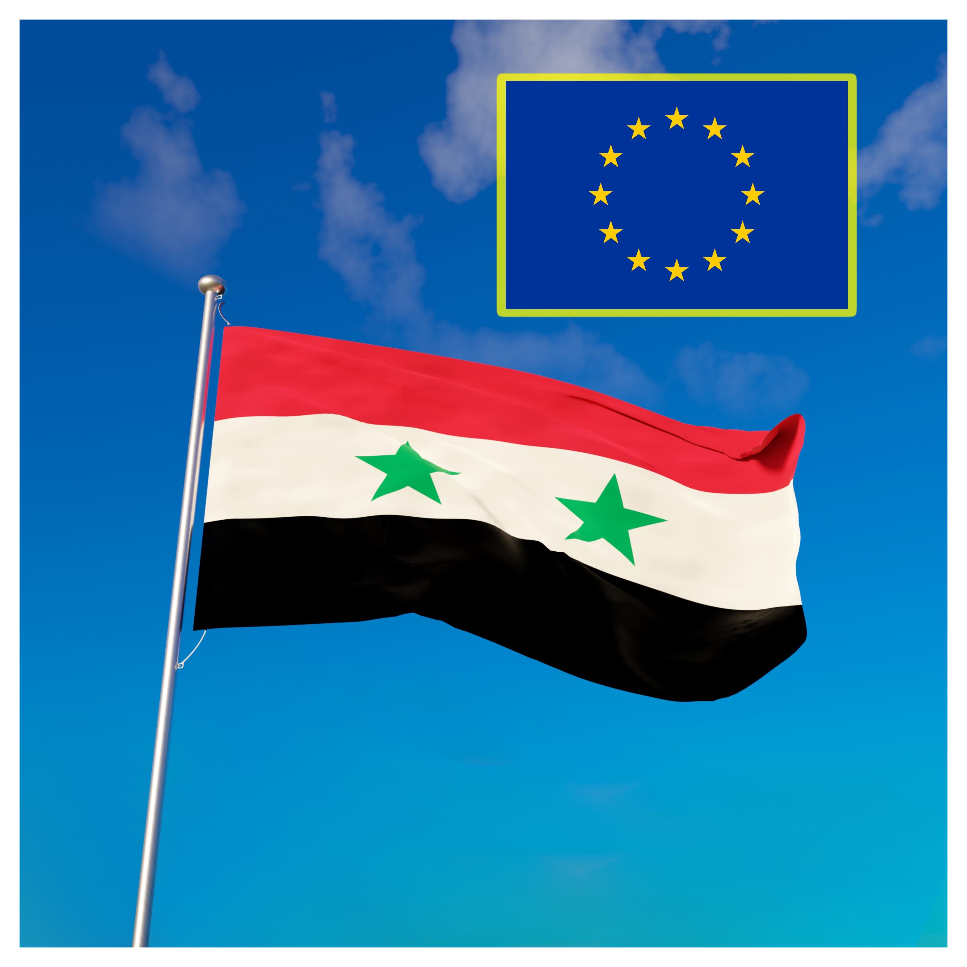 Bandera Siria y Unión Europea. FOTO: Getty Images