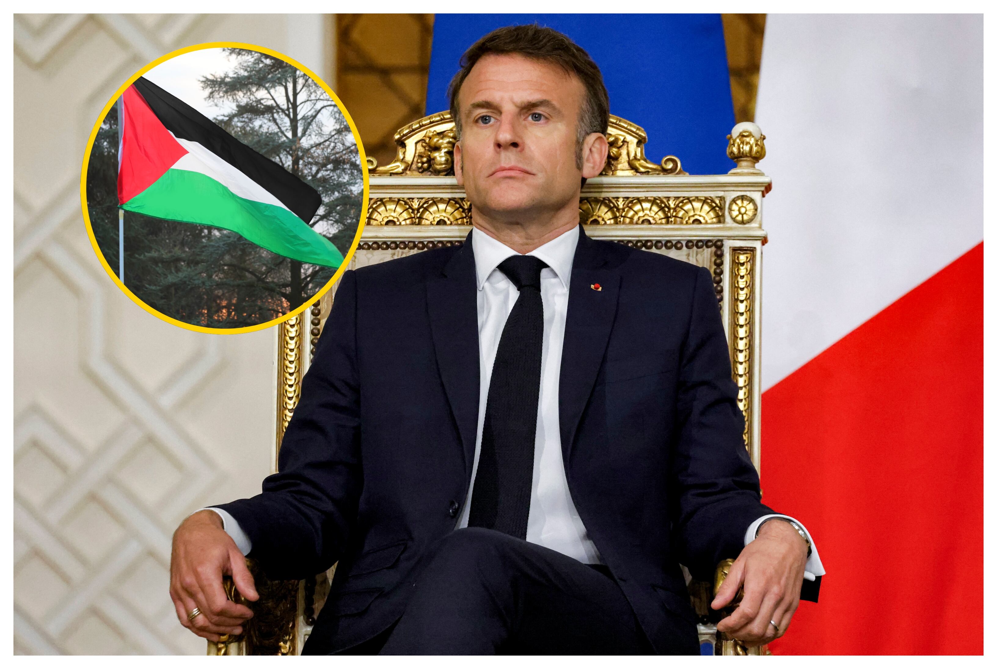 Macron y bandera de Palestina. Foto: UDOVIC MARIN/POOL/AFP via Getty Images.
