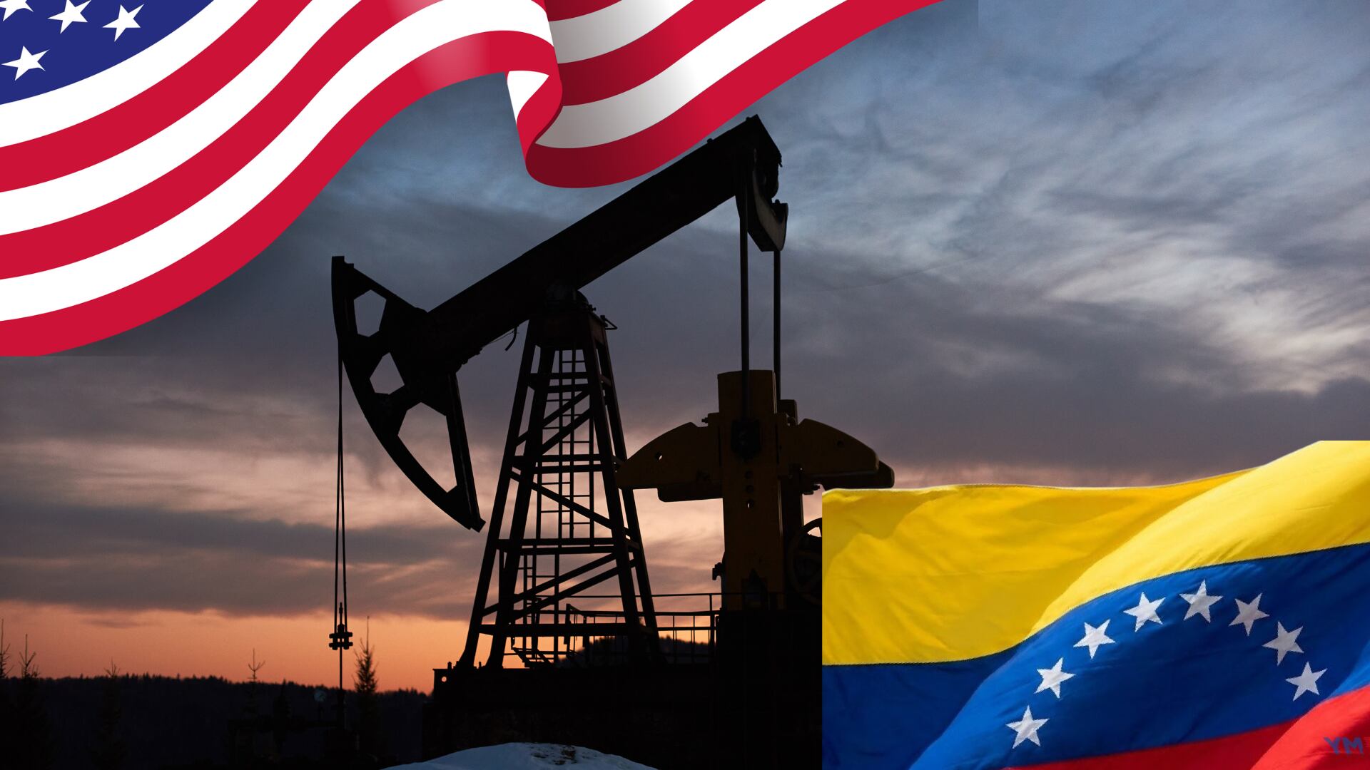 Petróleo y banderas de Estados Unidos y Venezuela, imagen de referencia.