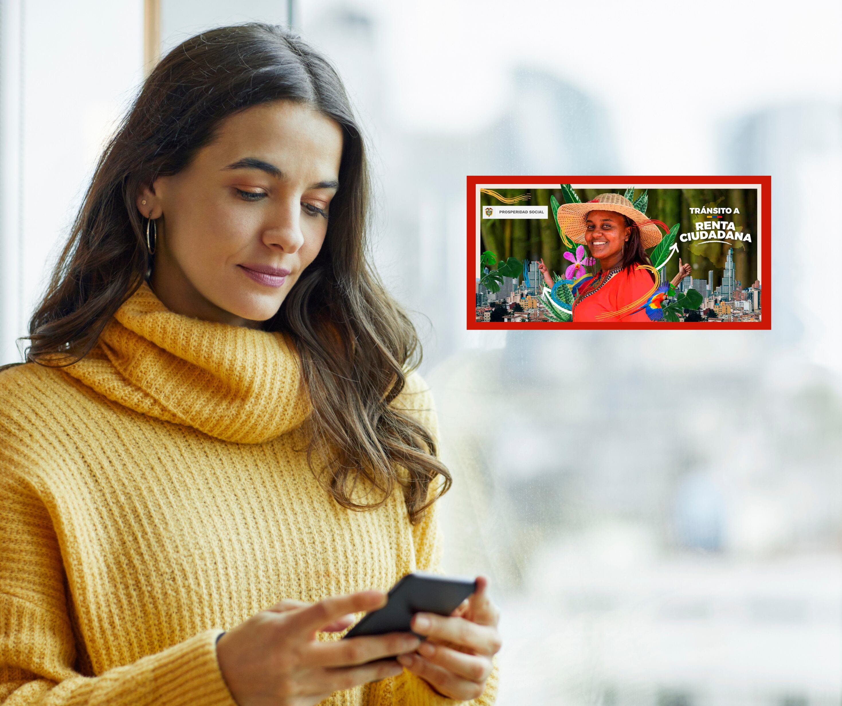 Mujer revisando su dispositivo móvil junto a una imagen referente a Renta Ciudadana (Fotos vía Getty Images y Colprensa)