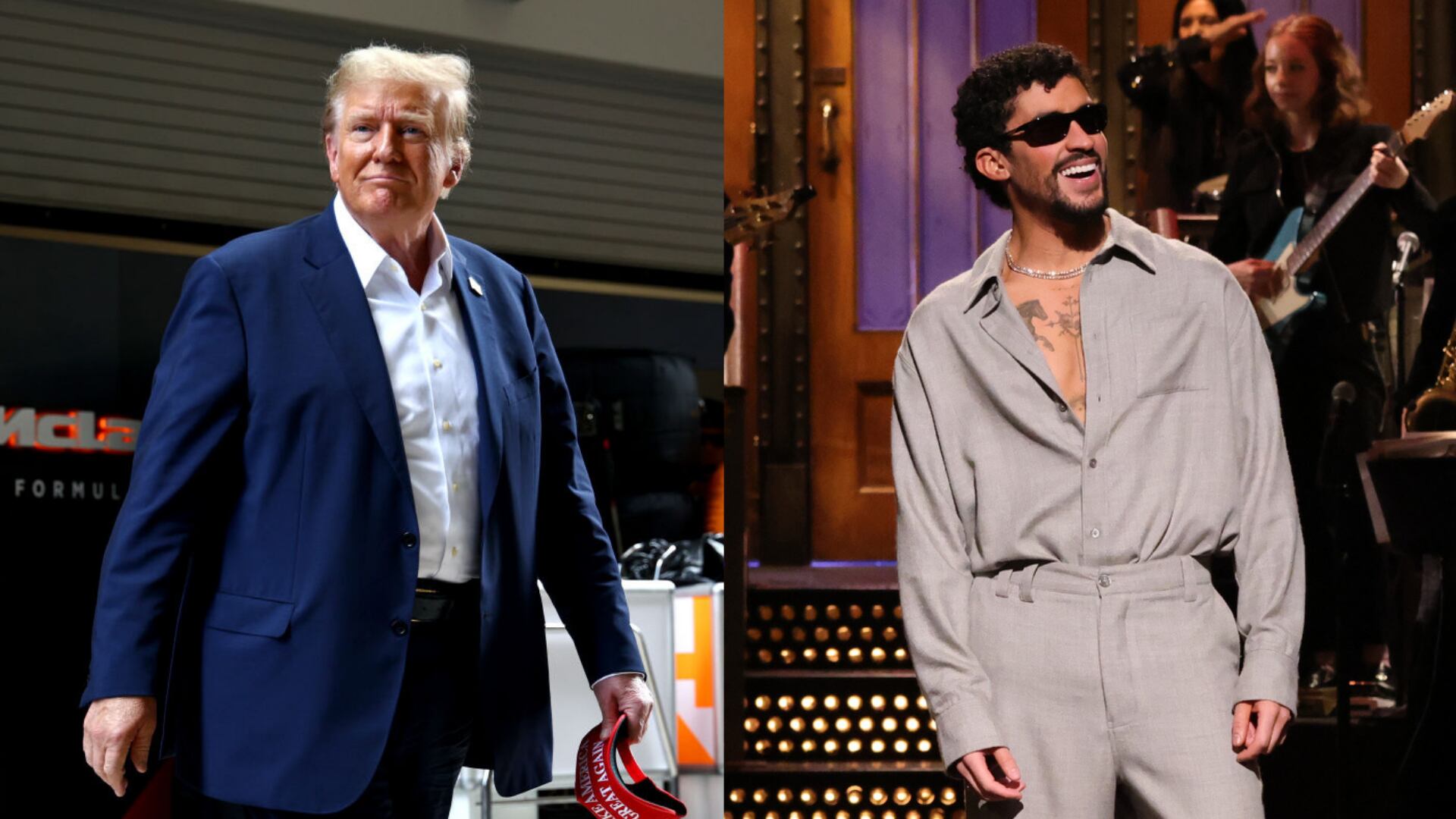 Donald Trump, presidente de Estados Unidos, Bad bunny, cantante. Foto: Jared C. Tilton - Formula 1/Formula 1 via Getty Images/Will Heath/NBC via Getty Images