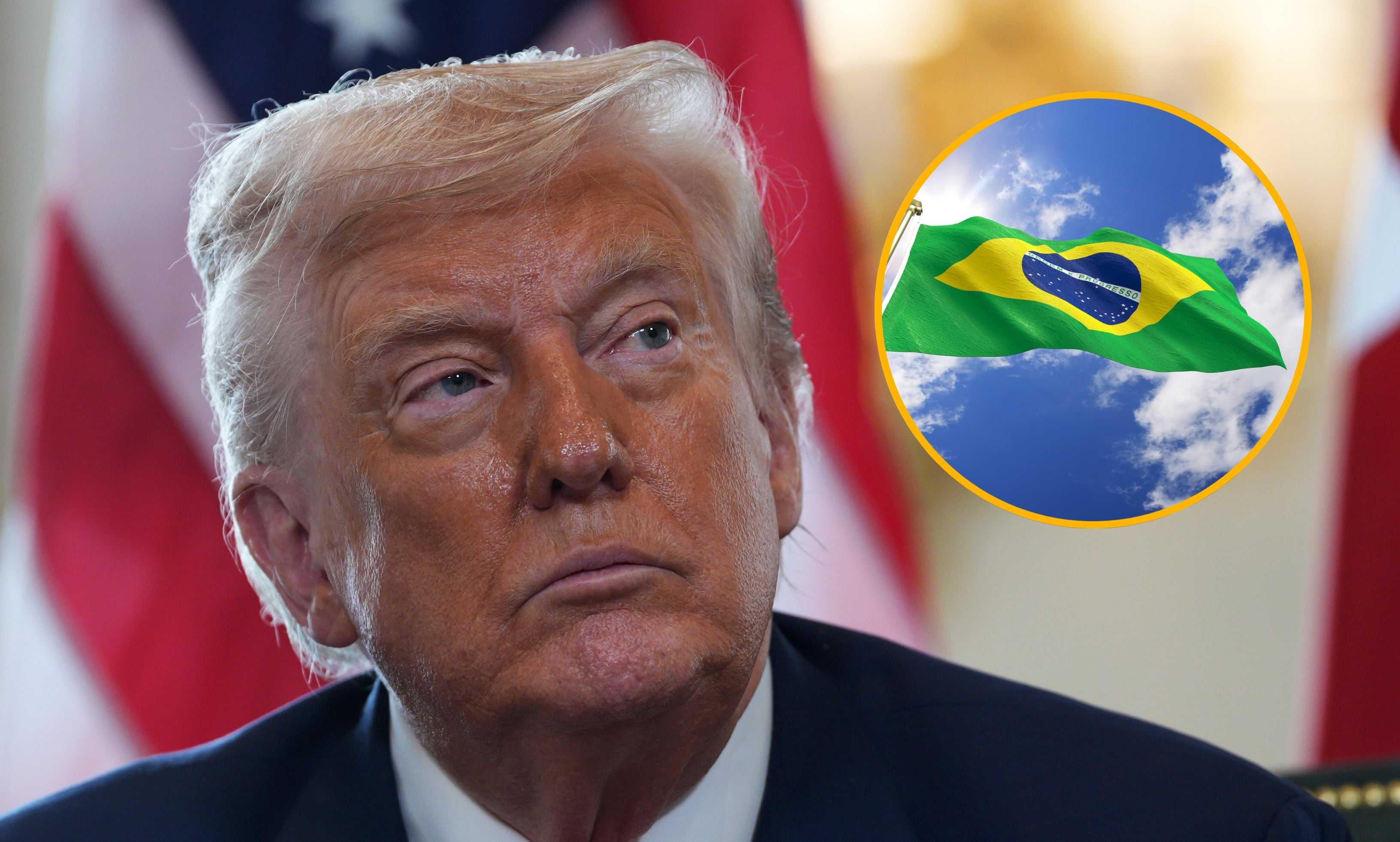 Donald Trump y bandera de la Brasil. Foto: Christopher Furlong y Getty Images.