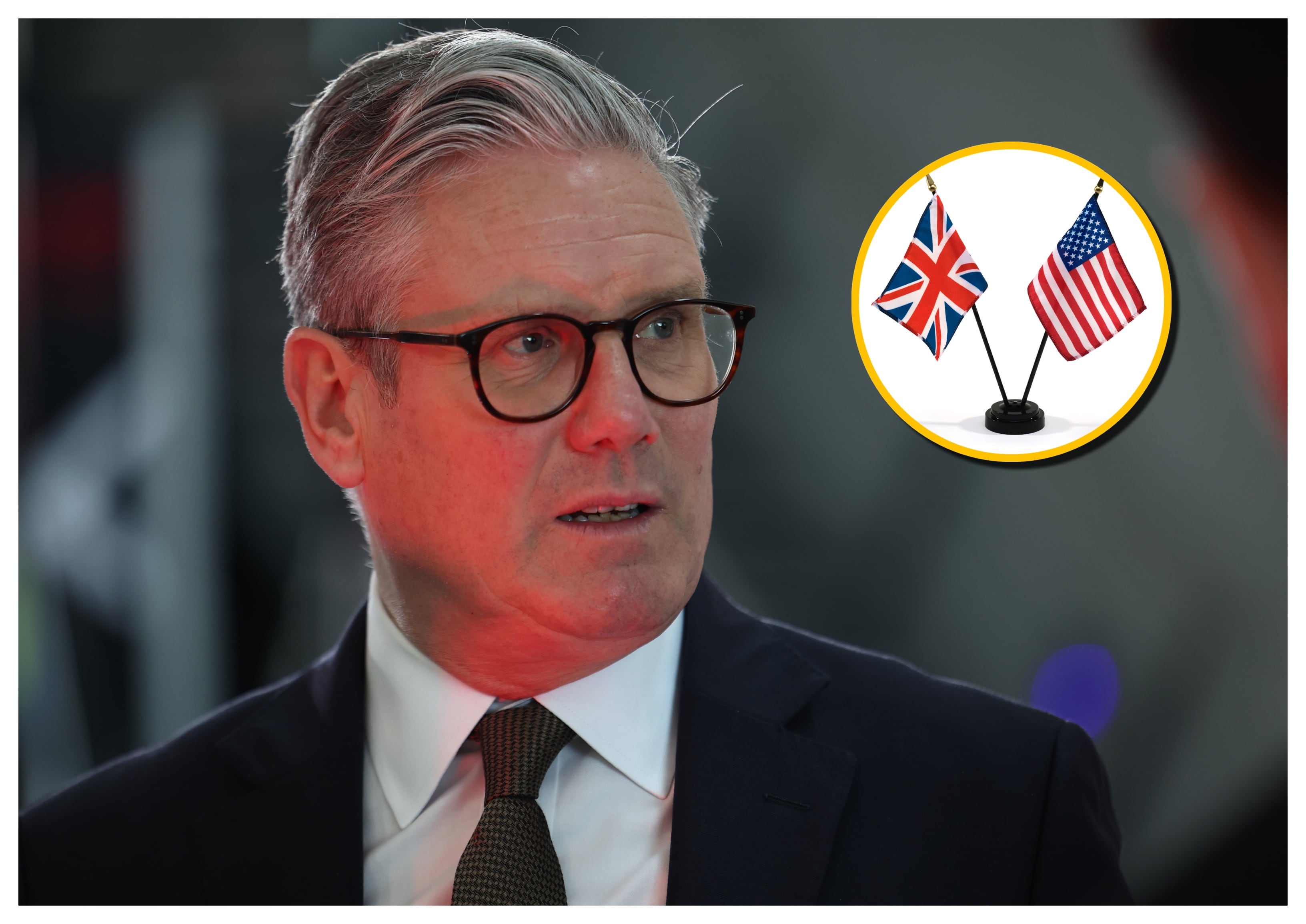 Keir Starmer y banderas de EE.UU. y Reino Unido. Foto: Henry Nicholls - WPA Pool/ Mark Gabrenya/ Getty Images.