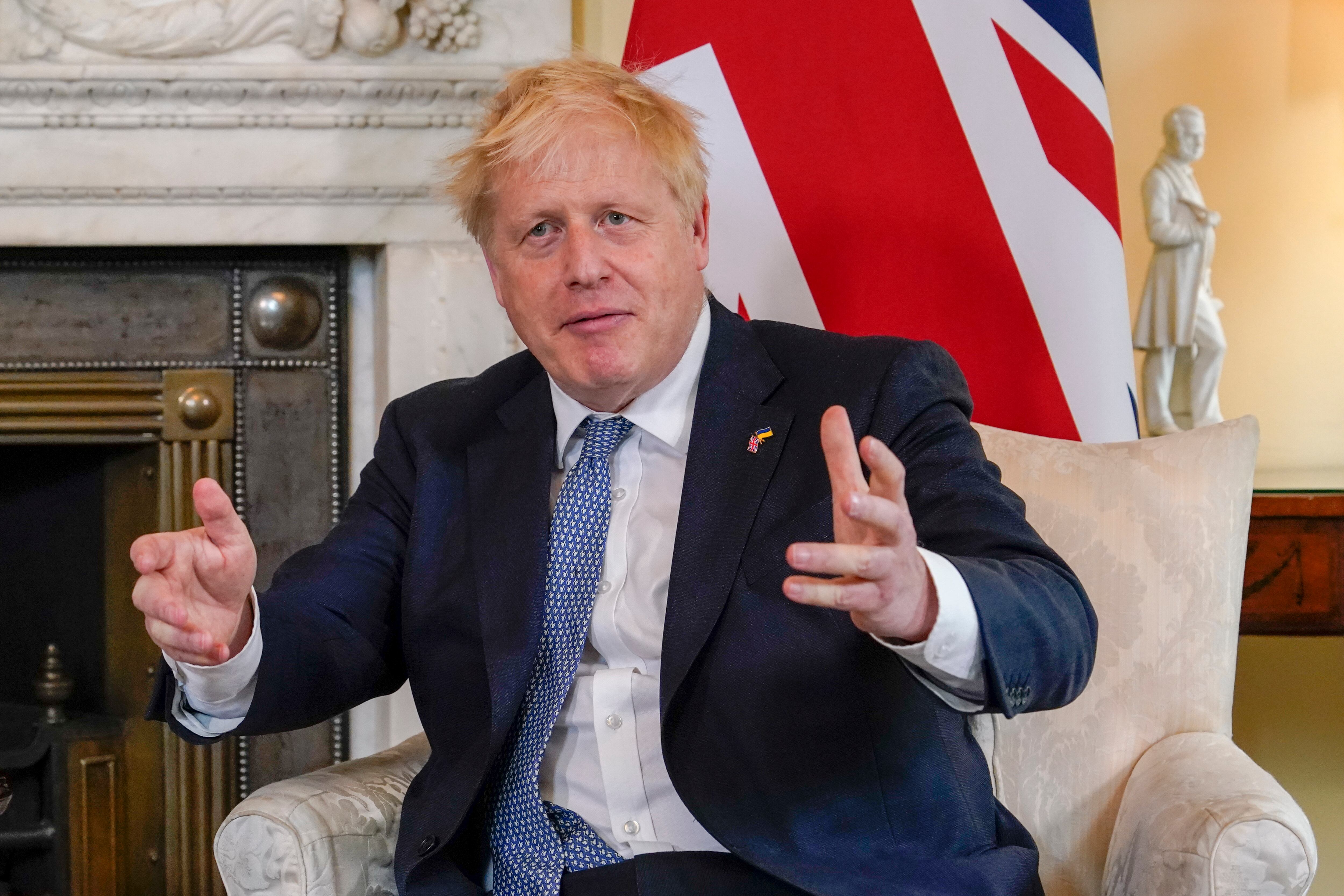 LONDON, ENGLAND - JUNE 06: Britain's Prime Minister Boris Johnson gestures as he meets with Prime Minister of Estonia Kaja Kallas (not pictured) at 10 Downing Street on June 06, 2022 in London, England. The UK's Prime Minister Boris Johnson will face a vote of confidence among Conservative MPs this evening, after at least 54 MPs submitted letters to a party committee to trigger the vote. He can prevail with a simple majority. (Photo by Alberto Pezzali-WPA Pool/Getty Images)