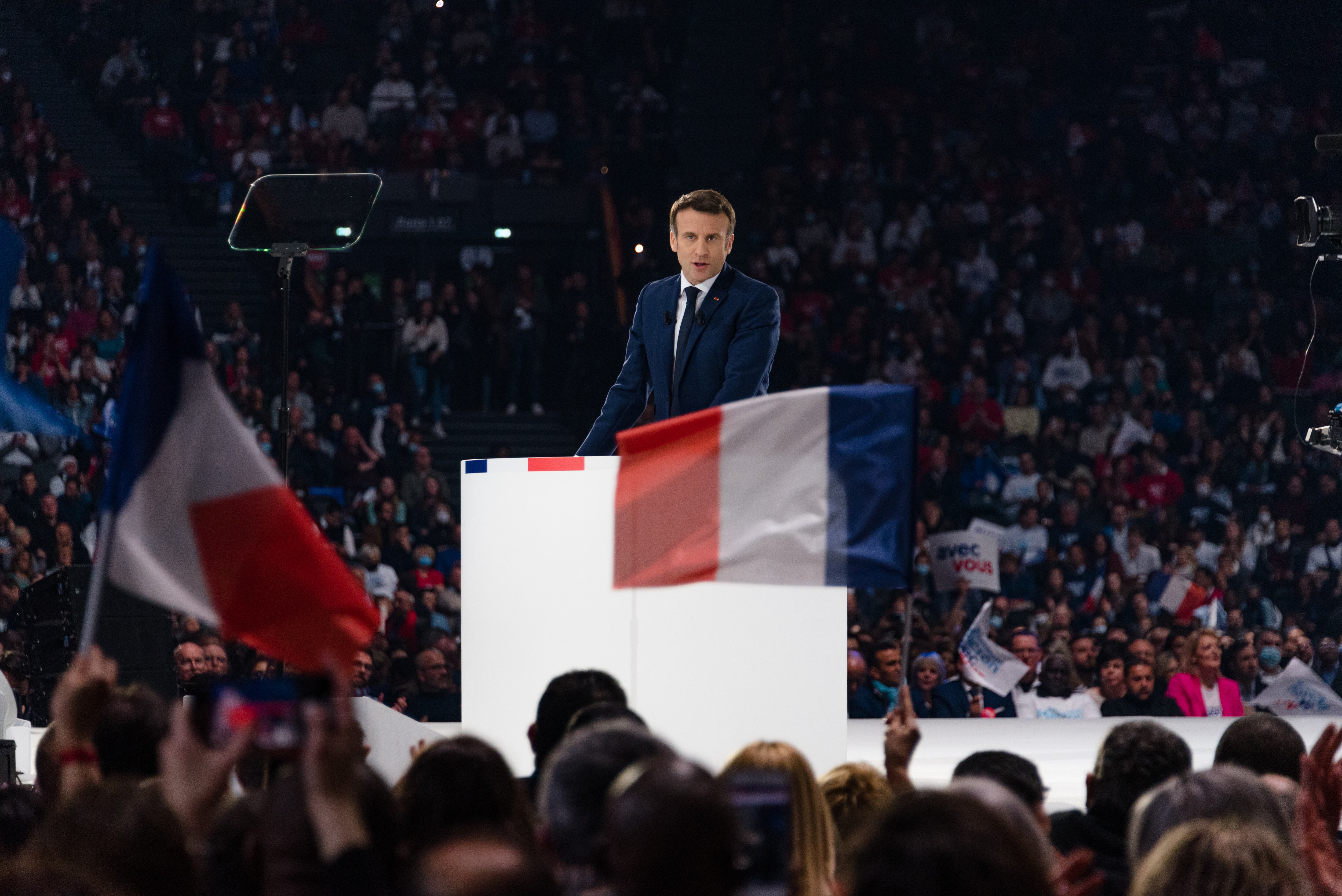 French President and candidate for his own re-election of the liberal party La République en Marche (LREM), Emmanuel Macron, speaks during his first campaign rally held at the U Arena in Paris La Défense in front of several thousand supporters and members of his government, in Nanterre, a suburb of Paris, April 2, 2022. (Photo by Samuel Boivin/NurPhoto via Getty Images)