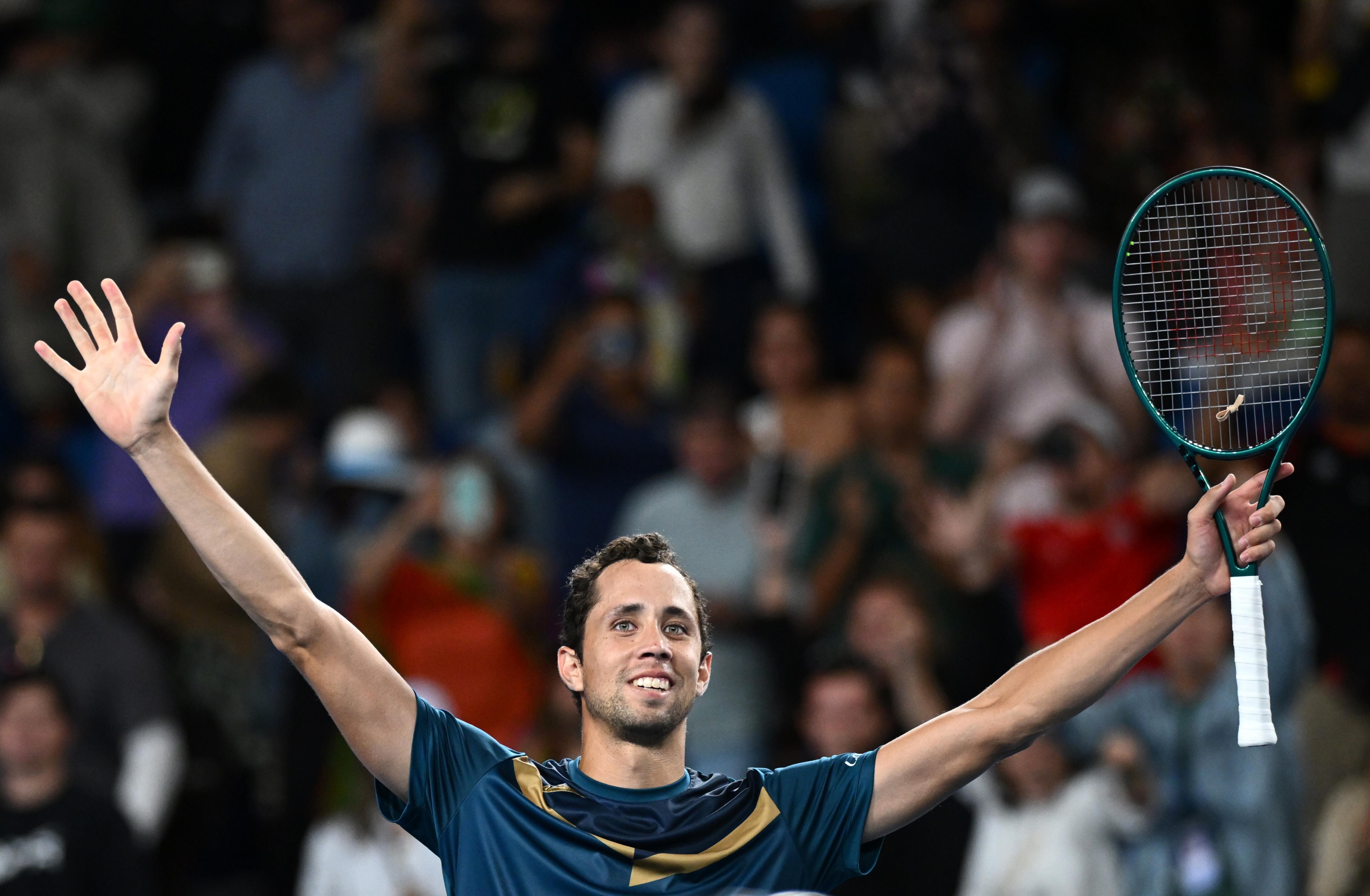 Melbourne (Australia), 14/01/2024.- Daniel Elahi Galan of Colombia celebrates winning his first round match against Jason Kubler of Australia on Day 1 of the 2024 Australian Open at Melbourne Park in Melbourne, Australia, 14 January 2024. (Tenis) EFE/EPA/JOEL CARRETT AUSTRALIA AND NEW ZEALAND OUT