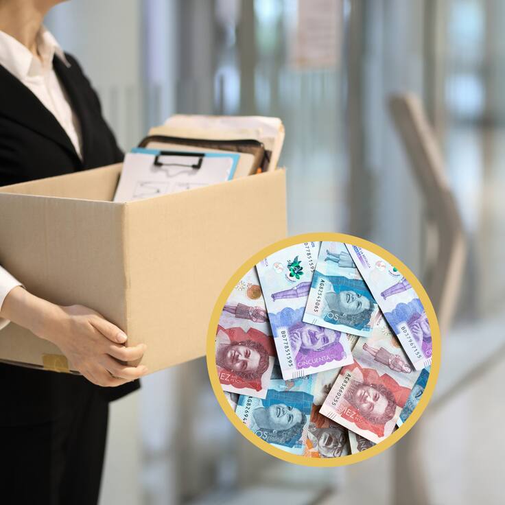 Mujer dejando su oficina llevando sus cosas personales en una caja. En el círculo, billetes colombianos de diferente denominación (GettyImages)