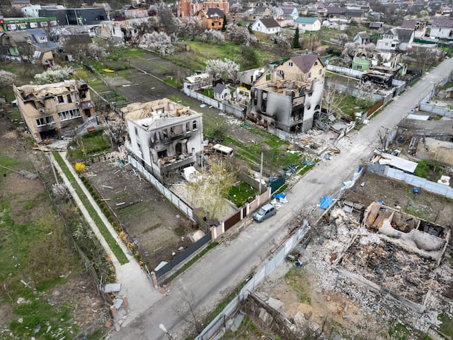 GOSTOMEL, UKRAINE - APRIL 25: As seen from the air, wrecked homes stand near the former frontline between Russian and Ukrainian troops on April 25, 2022 in Gostomel, Ukraine. As Russia concentrates its attack on the east and south of the country, residents of the Kyiv region are returning to assess the war&#039;s toll on their communities. (Photo by John Moore/Getty Images)