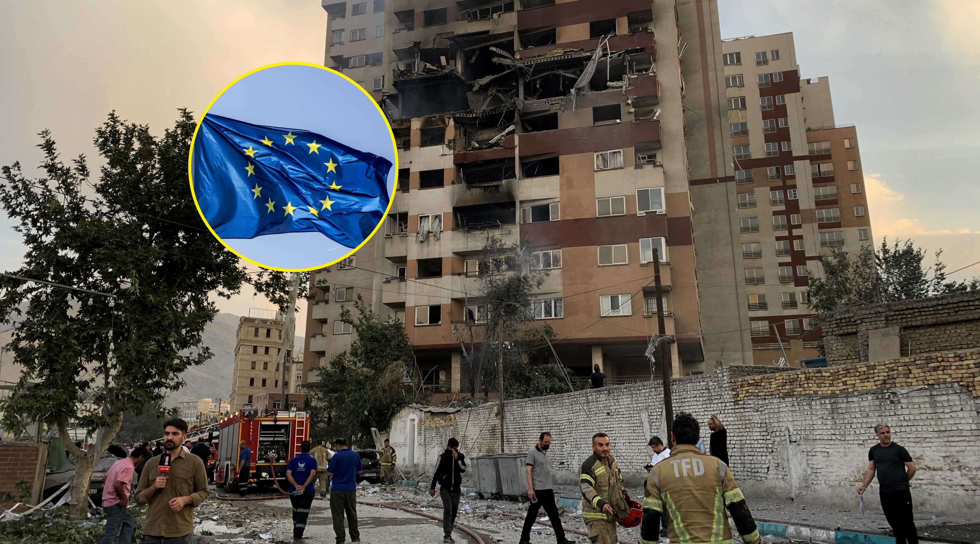Bandera de la UE y ataques entre Israel e Irán. Foto: Fatemeh Bahrami/Anadolu/ fhm vía Getty Images. 