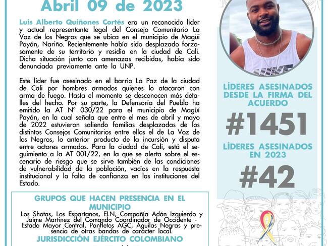 El líder social había denunciado amenazas en su contra. Foto: Indepaz.
