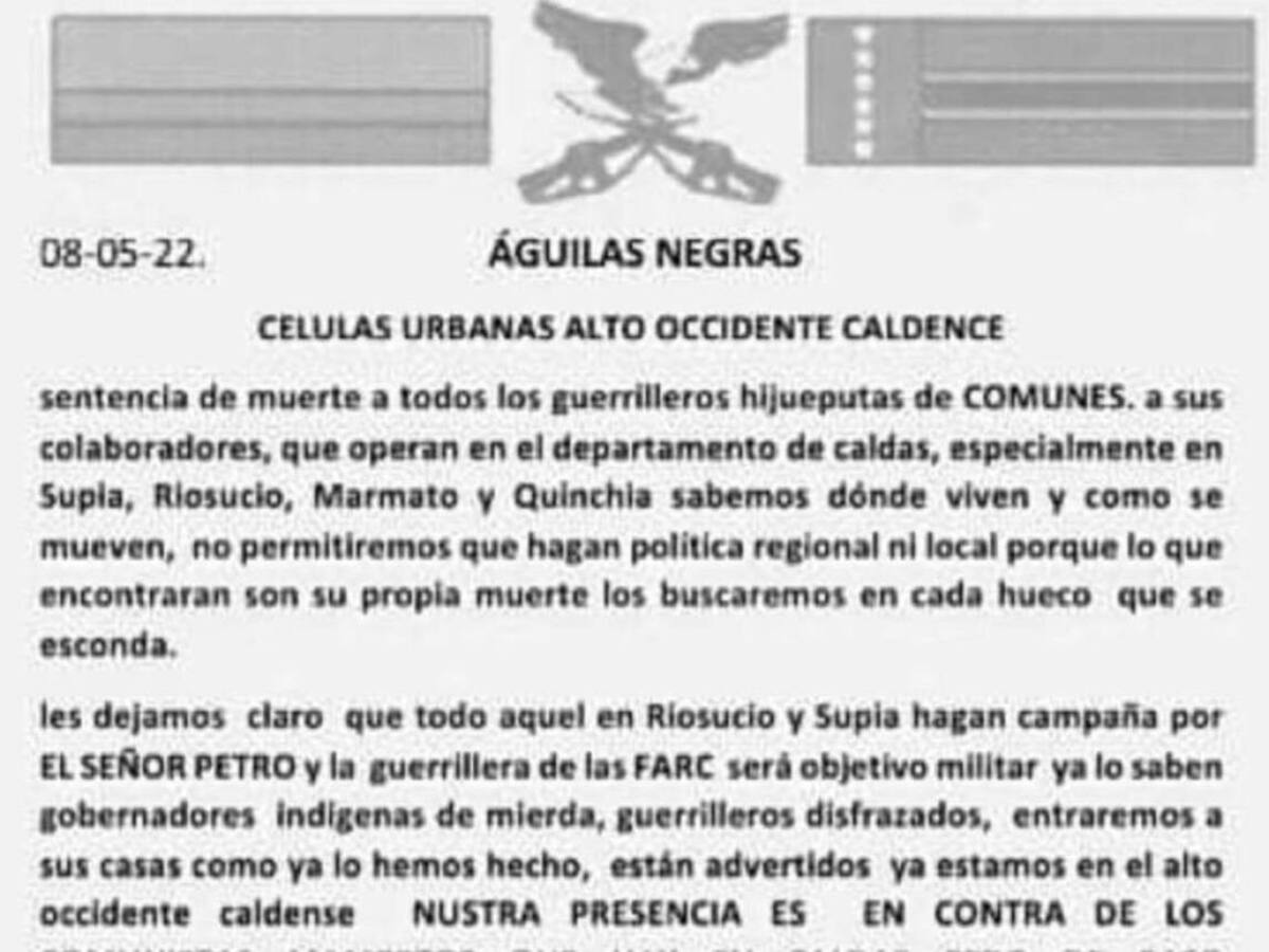 Con panfleto de Águilas Negras amenazan activistas políticos de Quinchía, Risaralda