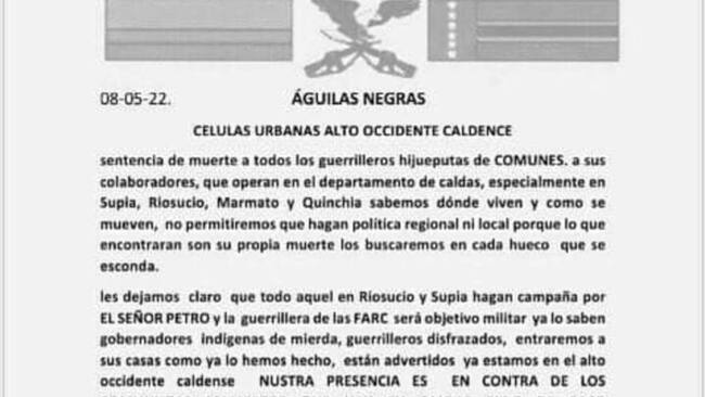 Amenazas de Águilas Negras en Risaralda / Foto: Suministrada