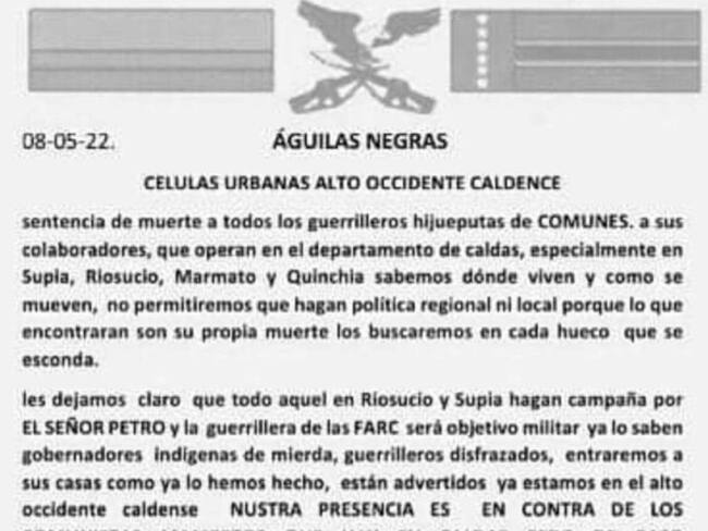 Amenazas de Águilas Negras en Risaralda / Foto: Suministrada