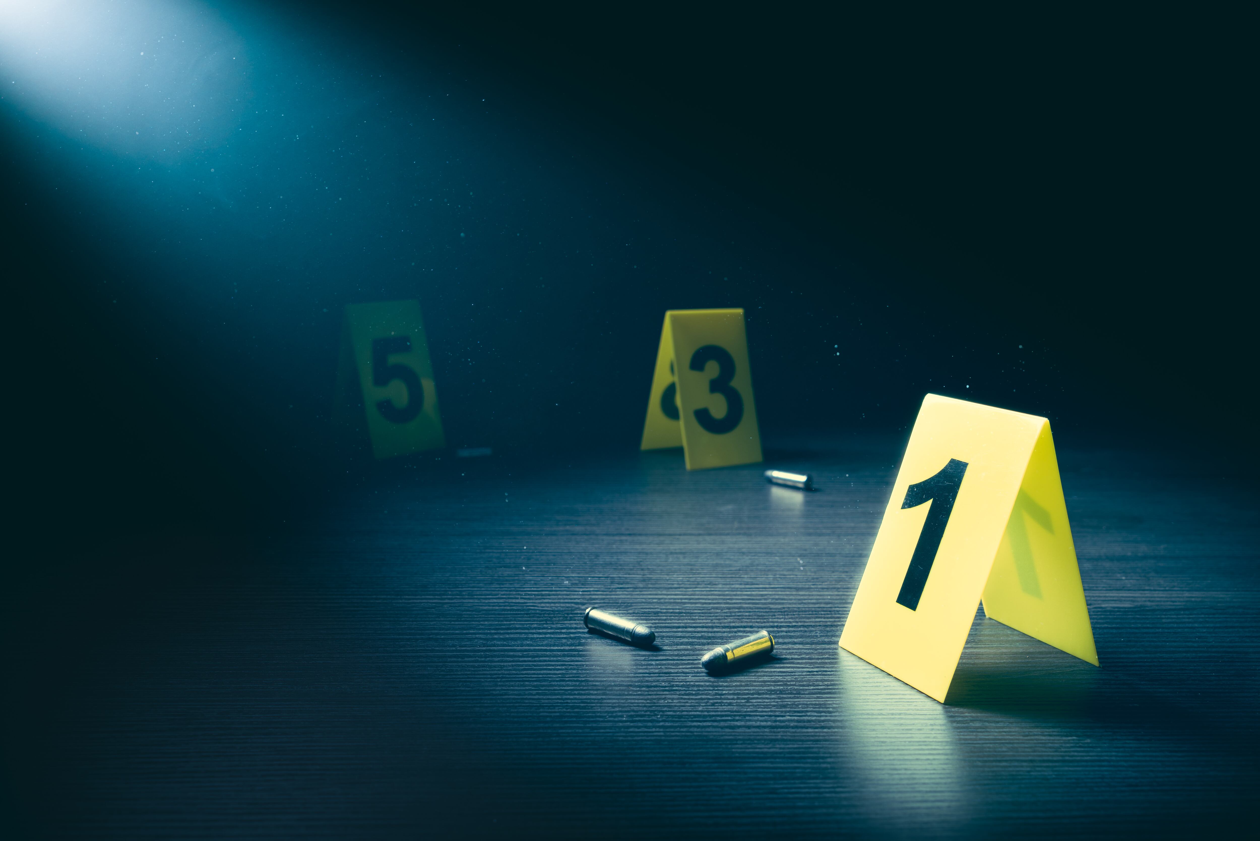 High contrast image of a crime scene with evidence markers