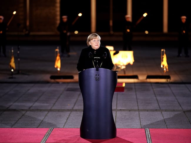 BERLIN, GERMANY - DECEMBER 02: Outgoing German Chancellor Angela Merkel delivers a speech as she attends her military tattoo ceremony hosted by the Bundeswehr in Berlin, Germany. (Photo by Friedemann Vogel - Pool/Getty Images)