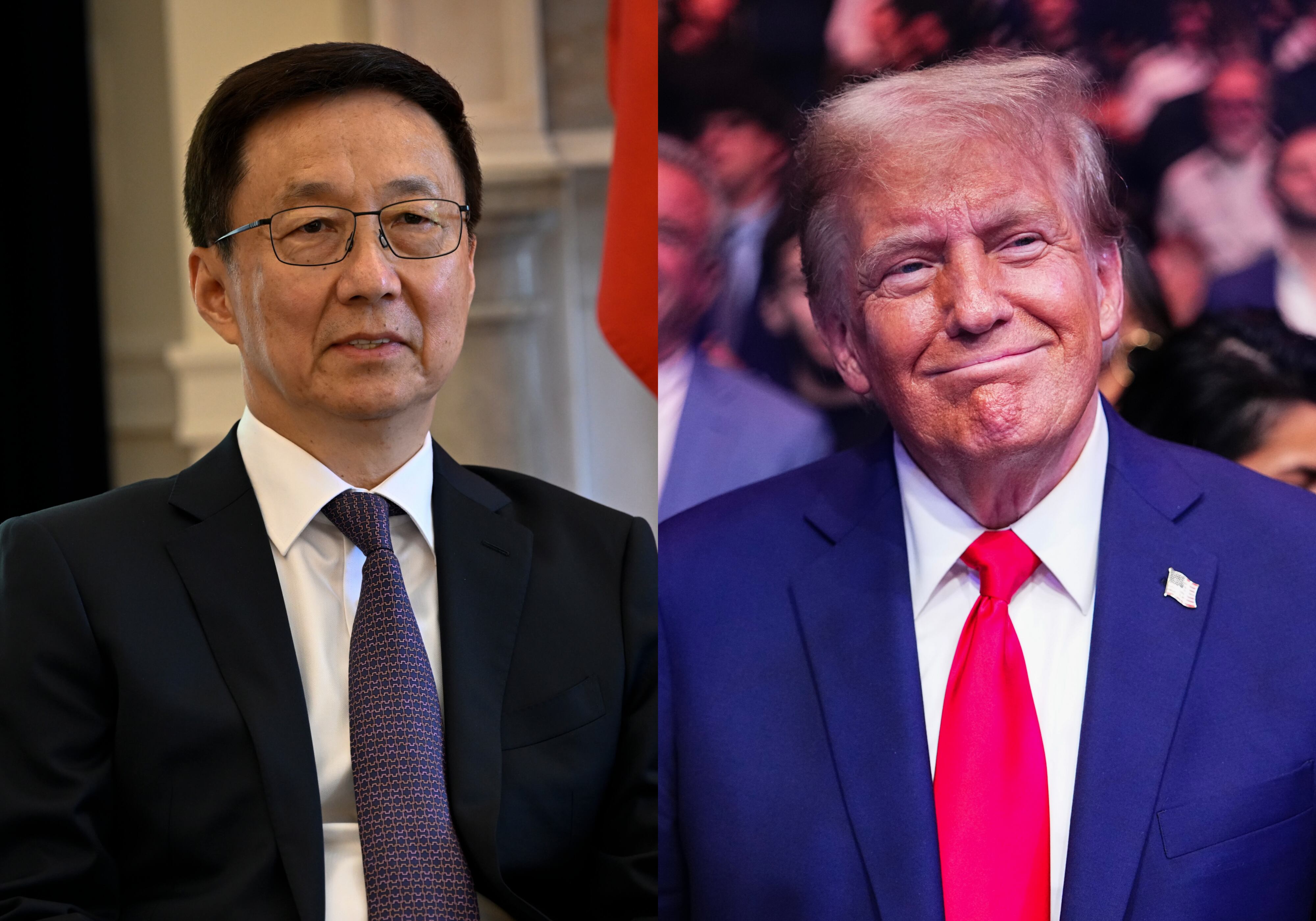El vicepresidente de China, Han Zheng, y el presidente electo de Estados Unidos, Donald Trump. (Horacio Villalobos y Jeff Bottari/Zuffa LLC - vía Getty Images)