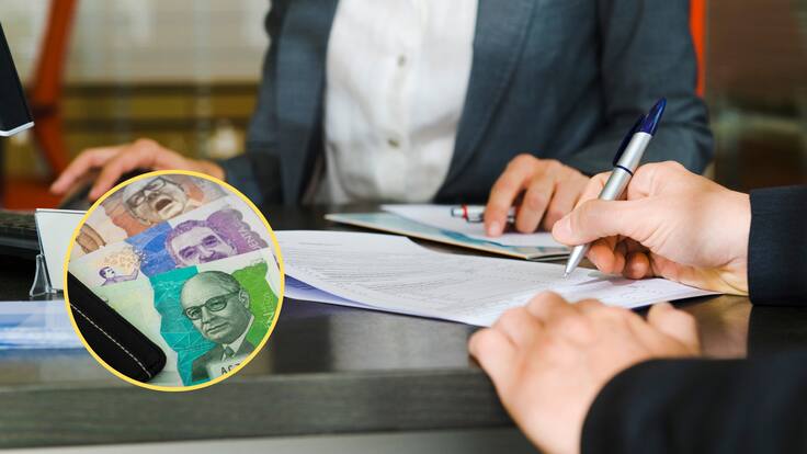 Persona en un banco firmando diferentes papeles para compra de cartera. En el círculo, la imagen de billetes colombianos de diferente denominación (Fotos vía GettyImages)