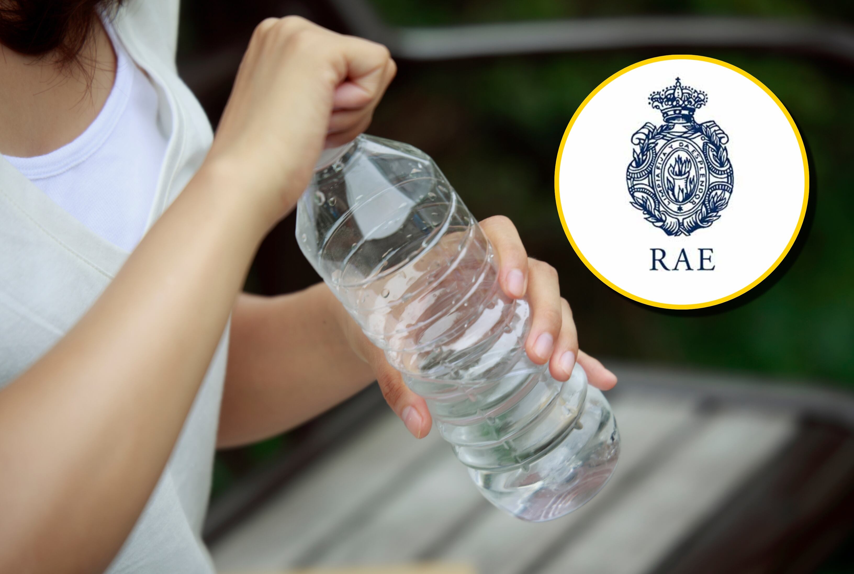 Referencia de botella de agua y logo d ela RAE. Foto: RunPhoto vía Getty Images y RAE.