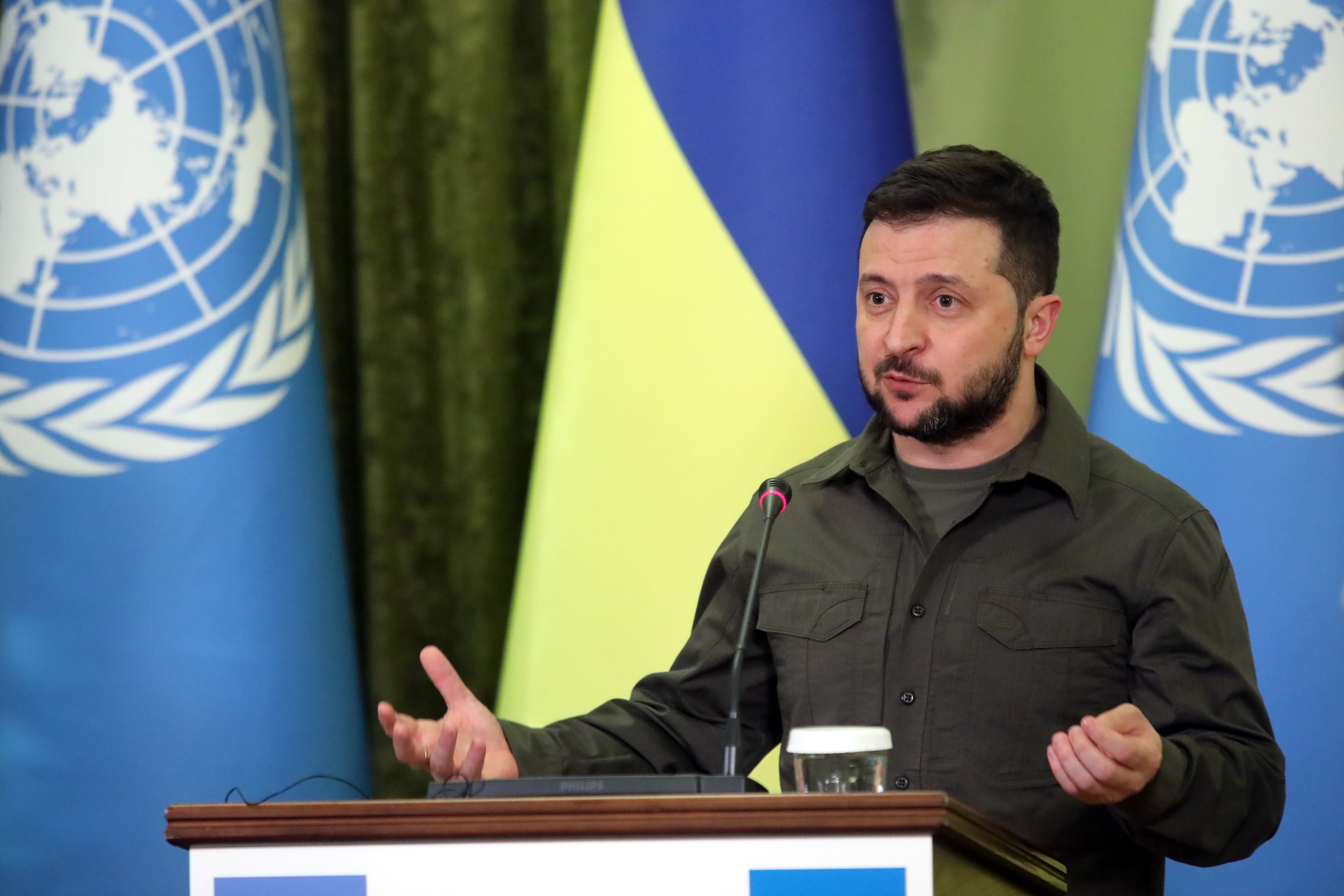 KYIV, UKRAINE - APRIL 28, 2022 - President of Ukraine Volodymyr Zelenskyy is pictured during a joint press conference with UN Secretary-General Antonio Guterres in Kyiv, capital of Ukraine. (Photo credit should read Volodymyr Tarasov/ Ukrinform/Future Publishing via Getty Images)