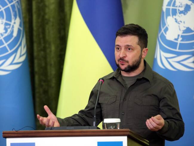 KYIV, UKRAINE - APRIL 28, 2022 - President of Ukraine Volodymyr Zelenskyy is pictured during a joint press conference with UN Secretary-General Antonio Guterres in Kyiv, capital of Ukraine. (Photo credit should read Volodymyr Tarasov/ Ukrinform/Future Publishing via Getty Images)