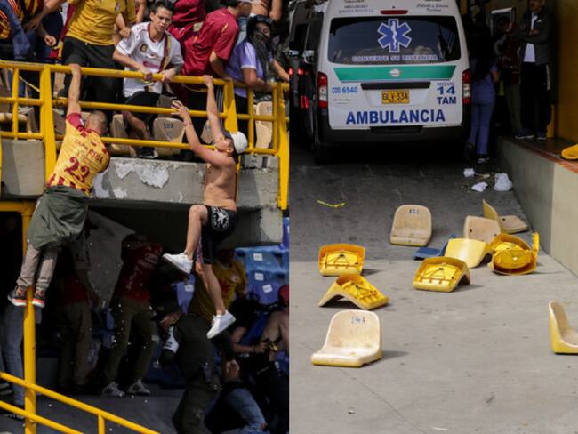 Arrancaron sillas y las lanzaron: enfrentamientos en el Campín durante Santa Fe vs. Tolima. Fotos: (Colprensa - Mariano Vimos)