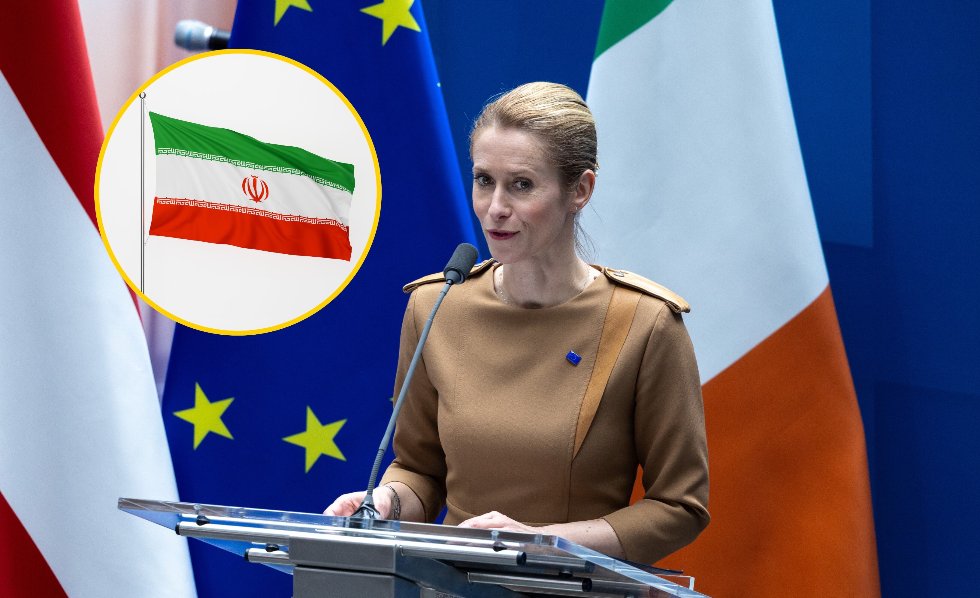 Kaja Kallas y bandera de Irán. Foto: Omar Havana y Wong Yu Liang vía Getty Images. 