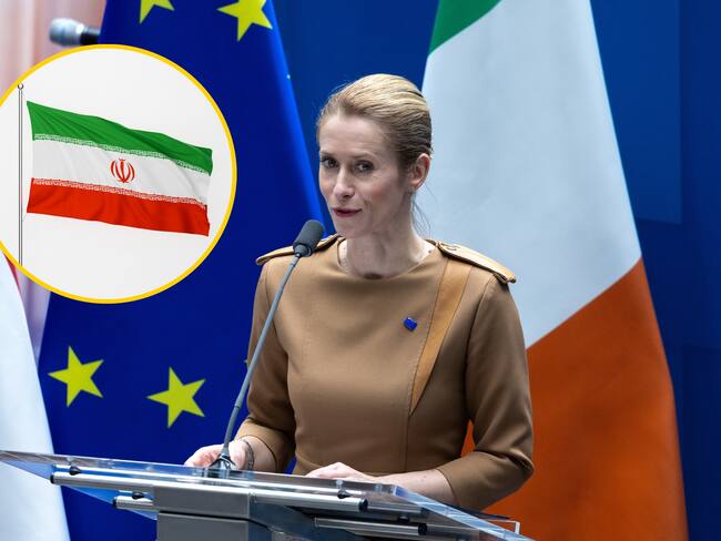 Kaja Kallas y bandera de Irán. Foto: Omar Havana y Wong Yu Liang vía Getty Images.