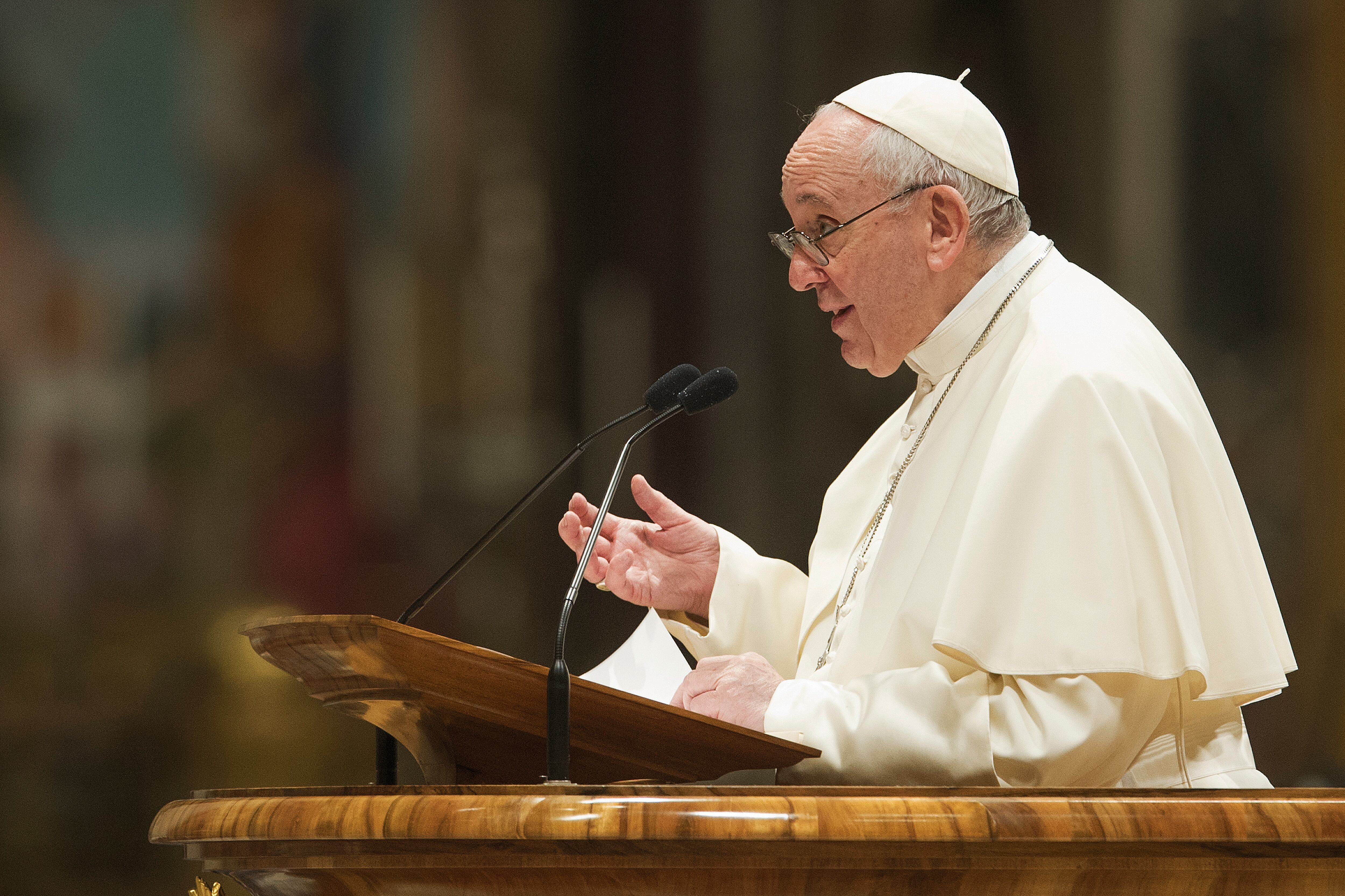 VATICAN CITY, VATICAN - DECEMBER 31: Pope Francis celebrates a mass during the first Vespers and Te Deum prayer in Saint Peter's Basilica at the Vatican on December 31, 2021 in Vatican City, Vatican. In his homily for the celebration of Vespers and the recitation of the Te Deum on New Year's Eve, Pope Francis reflected on the year drawing to a close, and reminds us of the need to trust always in the Lord.  (Photo by Pierpaolo Scavuzzo/Vatican Pool - Corbis/Getty Images)
