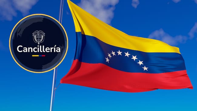 Bandera de Venezuela y al lado el logo de la Cancillería (Fotos vía Getty Images y Cancillería)
