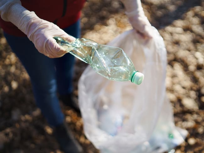 Midsection of woman cleaning forest, putting plastic bottle in a bag.