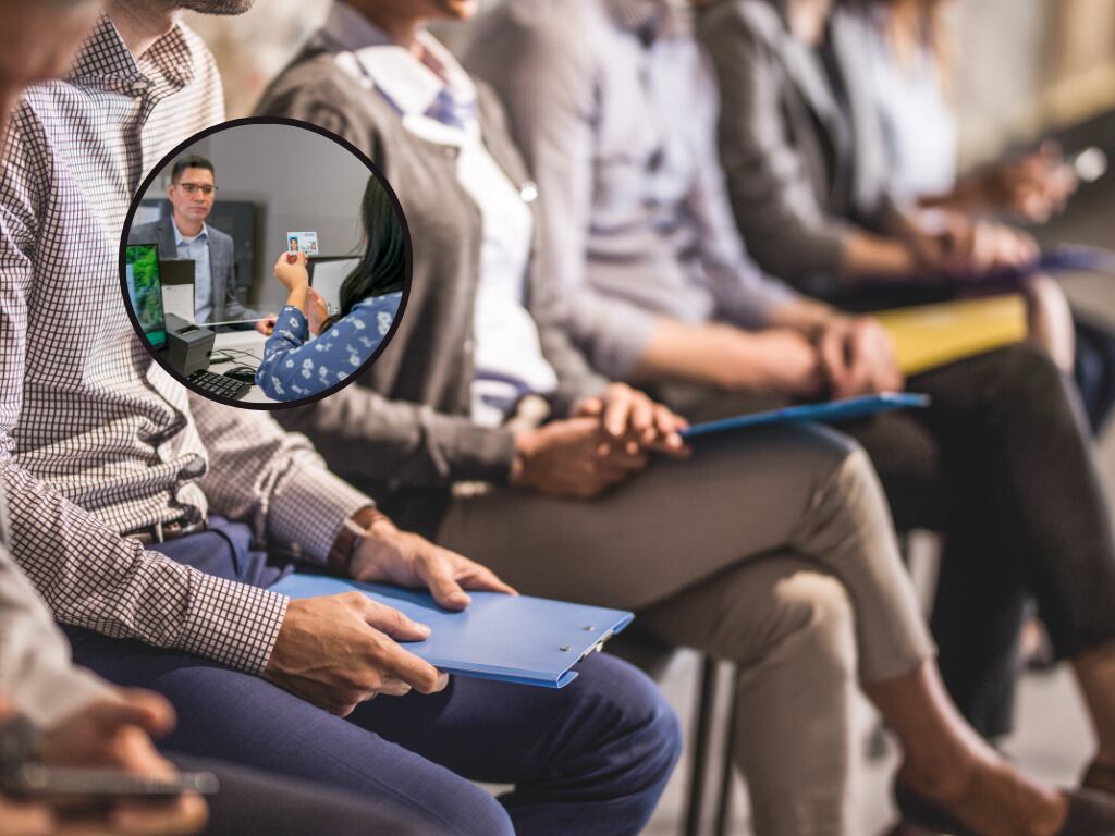 Personas listas para realizar una entrevista de trabajo y de fonfo una mujer verificando la identidad de un hombre a través de su tarjeta profesional(Fotos vía Getty Images)