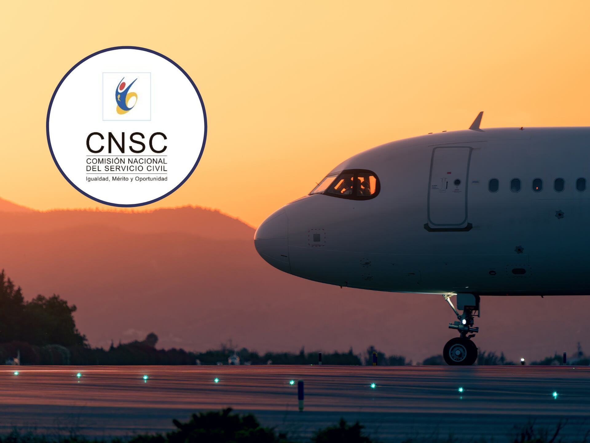 Vista de la cabina de un avión con un atardecer de fondo. En el círculo, el logo de la Comisión Nacional del Servicio Civil (Fotos vía GettyImages y redes sociales)