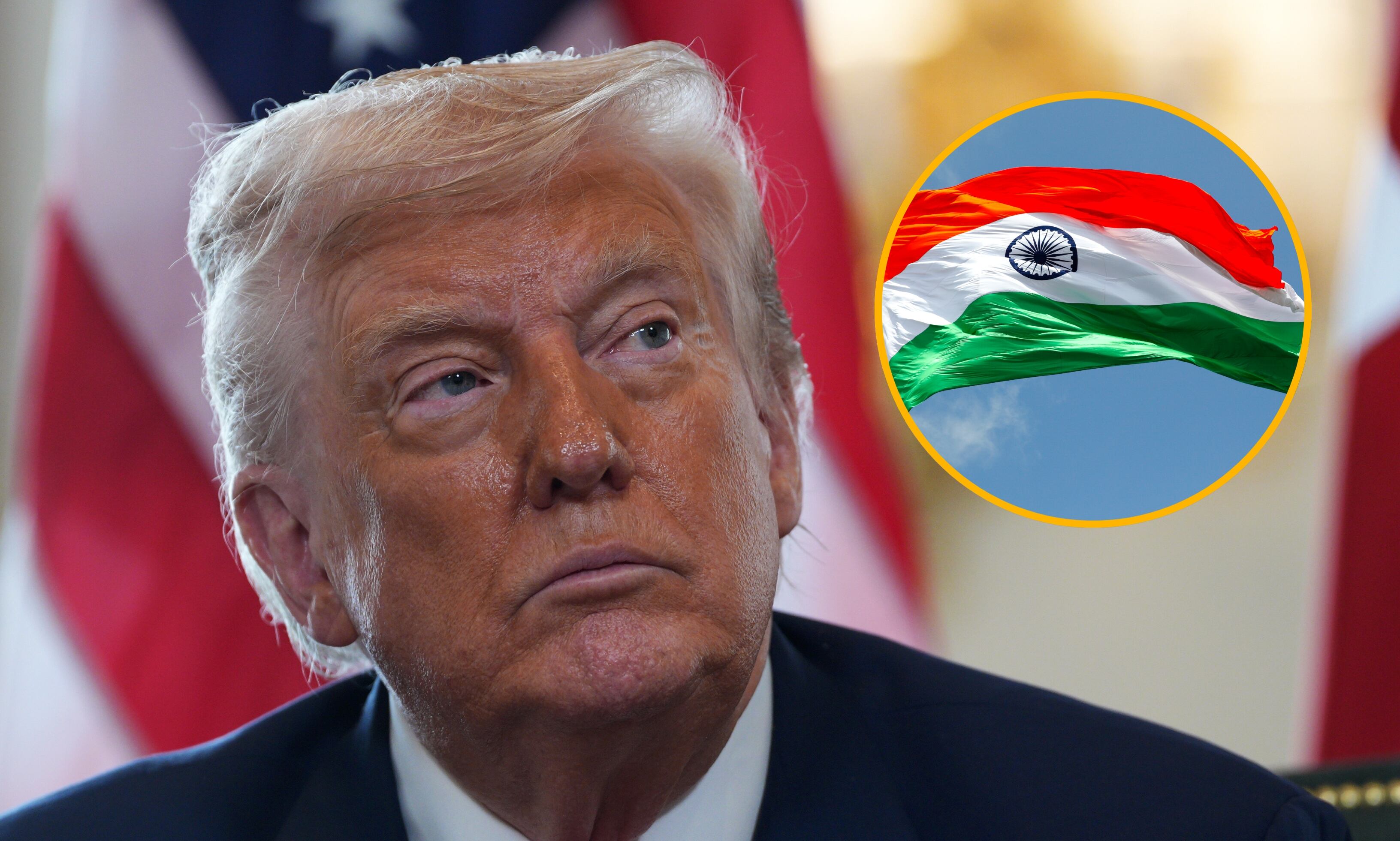 Donald Trump y bandera de la India. Foto: Christopher Furlong y Getty Images.