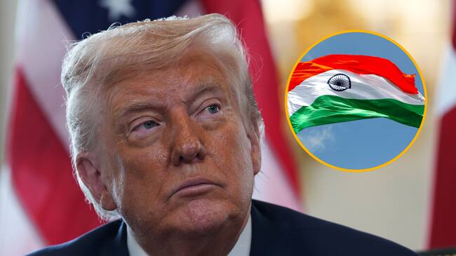 Donald Trump y bandera de la India. Foto: Christopher Furlong y Getty Images.