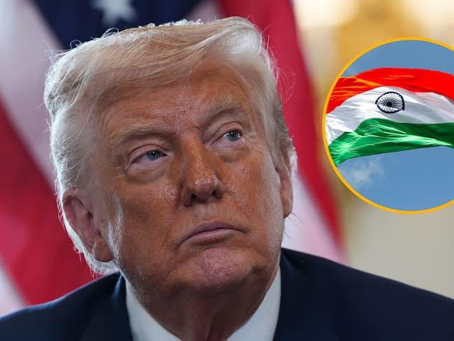 Donald Trump y bandera de la India. Foto: Christopher Furlong y Getty Images.