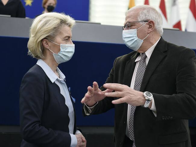 European Commission President Ursula von der Leyen (L) speaks with European Union foreign policy chief Josep Borrell ahead of a debate on the conclusions of the European Council meeting regarding Russian invasion of Ukraine during a plenary session at the European Parliament in Strasbourg, eastern France, on April 6, 2022. - EU leaders on April 6, 2022 said the bloc will soon have to sanction all of Russia&#039;s hydrocarbon exports as they blamed Moscow for &quot;war crimes&quot; discovered in Ukraine, especially in the town of Bucha. (Photo by FREDERICK FLORIN / AFP) (Photo by FREDERICK FLORIN/AFP via Getty Images)