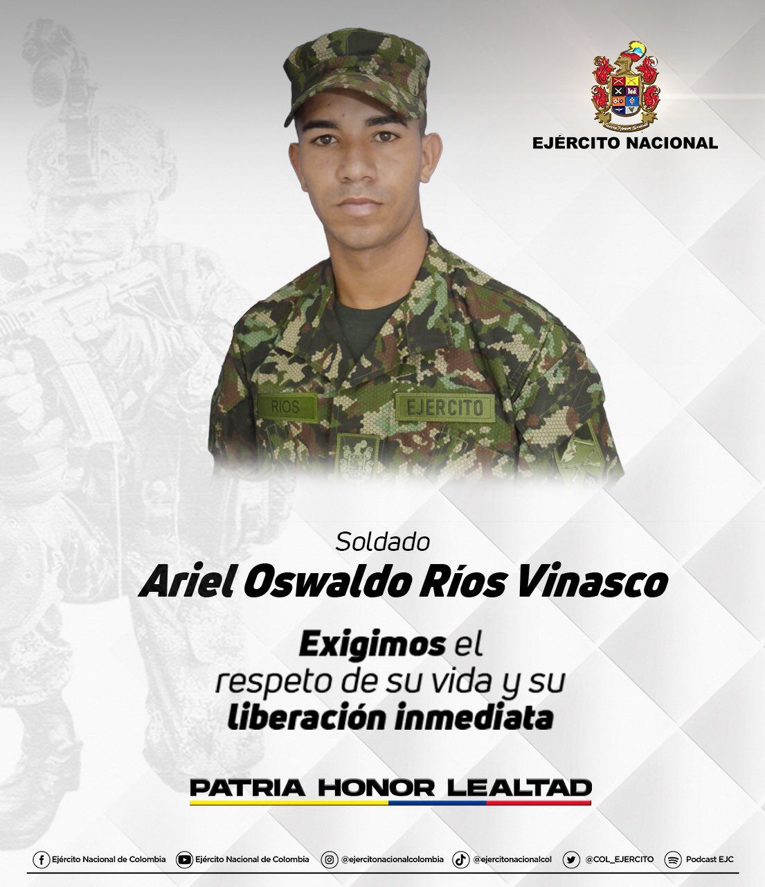 Soldado Ariel Oswaldo Ríos Vinasco. Foto: Twitter Ejército Nacional.