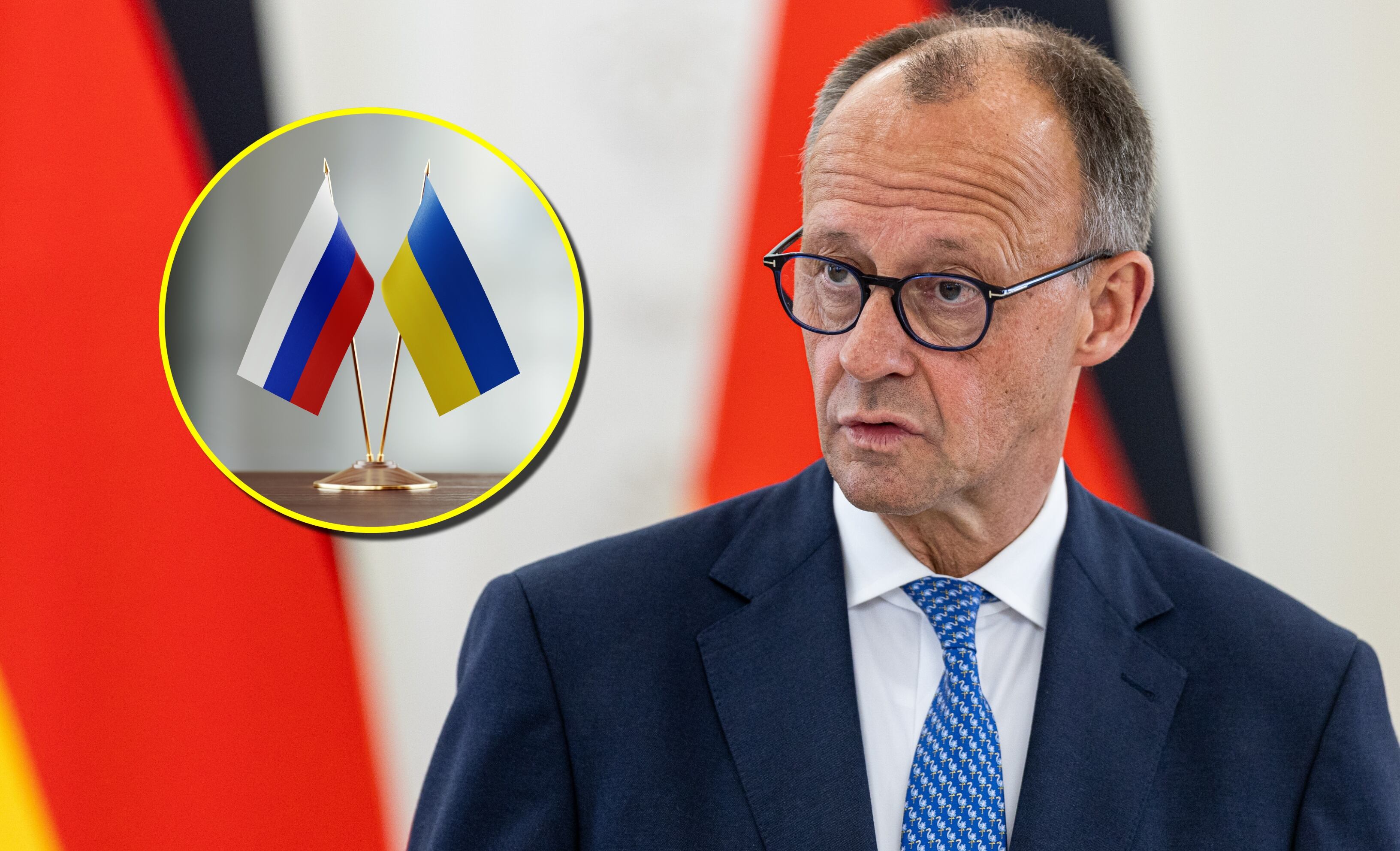 Friedrich Merz y banderas de Rusia y Ucrania. Foto: Paulius Peleckis/MicroStockHub vía Getty Images. 