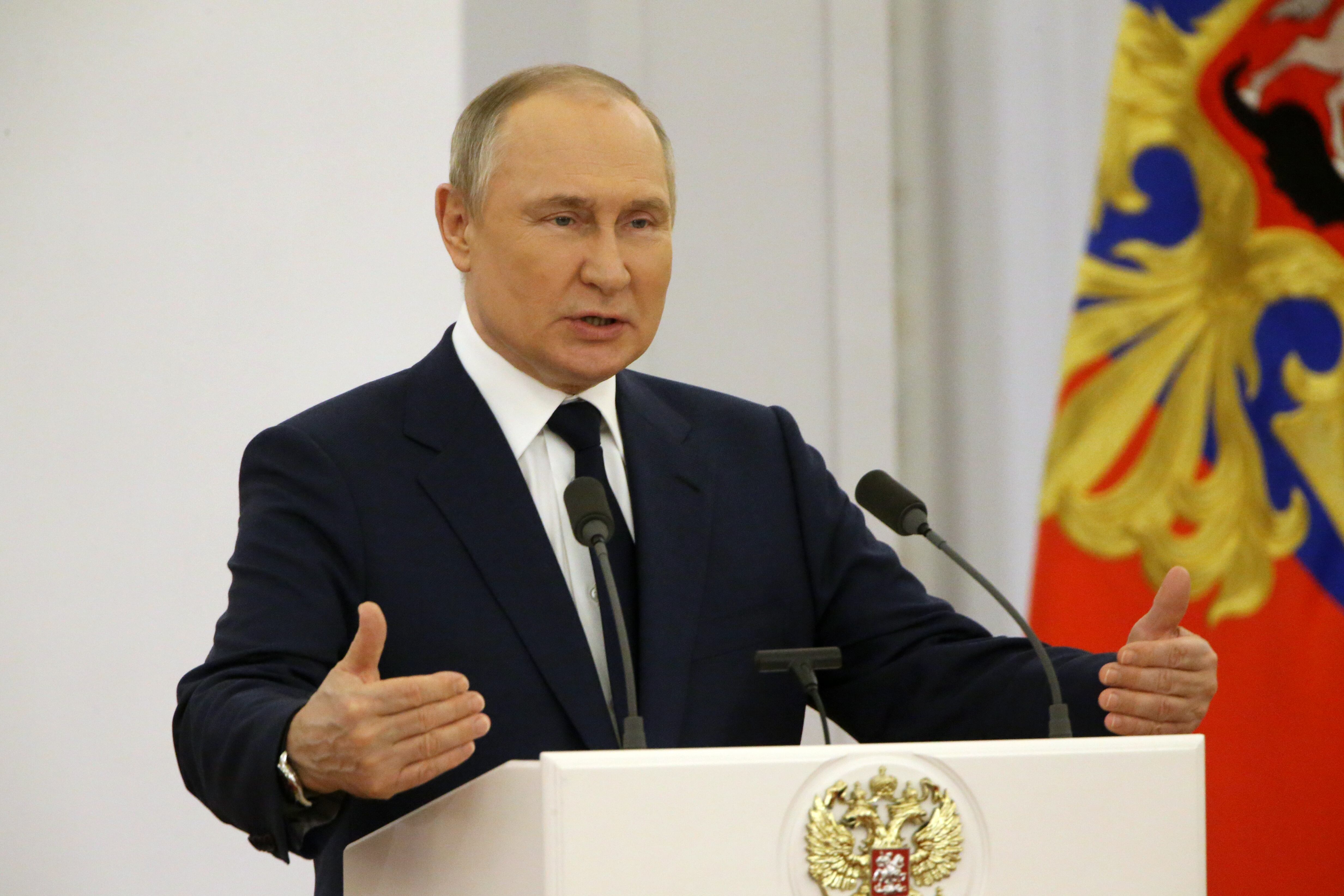 MOSCOW, RUSSIA - ARRIL 26: (RUSSIA OUT) Russian President Vladimir Putin attends a meeting with Beijing 2022 Winter Olympic Games medalists and paralympic athlets at the Grand Kremlin Palace, on April, 26, 2022, in Moscow, Russia. (Photo by Contributor/Getty Images)
