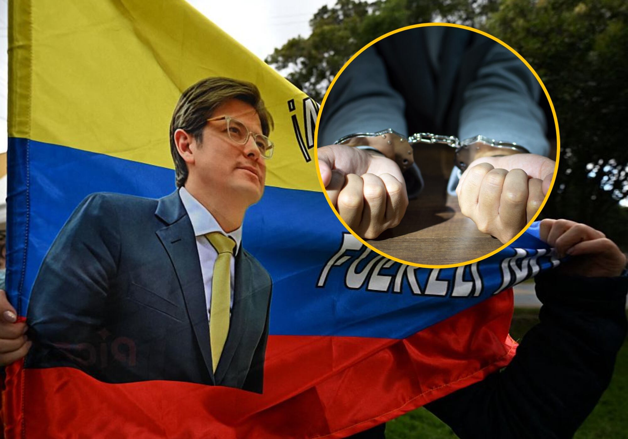 Bandera en apoyo a Miguel Uribe e imagen de referencia de detenido. Foto: (Photo by LUIS ACOSTA/AFP via Getty Images) / Getty Images